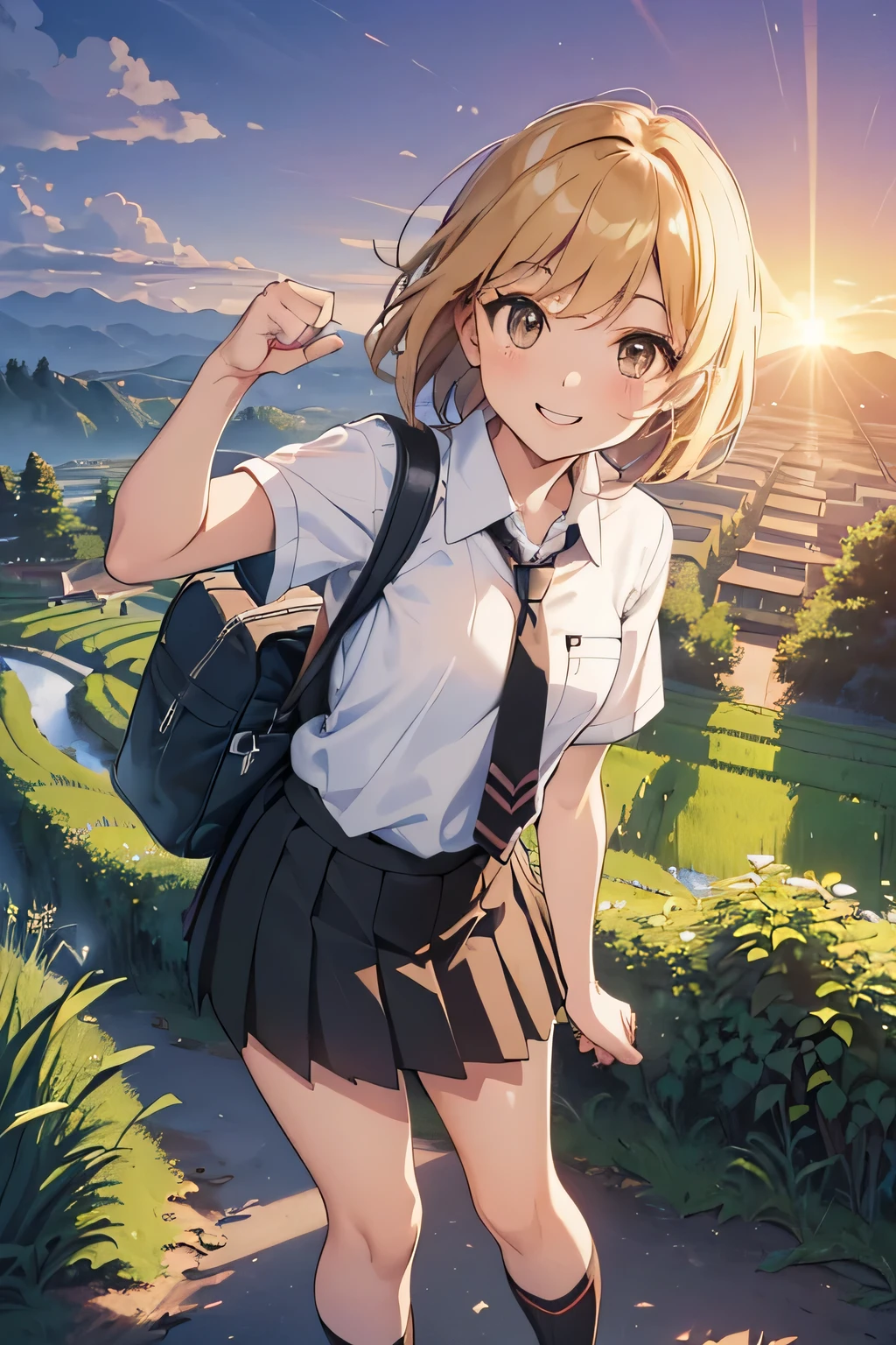 ((Highest quality, 4K, masterpiece: 1.3)), ((High Resolution)),((It's wonderful)),((Japan countryside:1.2)),((Japan countryside:1.2)),((Japan countryside:1.2)),((Japan countryside:1.2)),((Japanese mountain trails and rice terraces:1.2)),((Standing at the bus stop:1.2)),((Standing at the bus stop:1.2)),(Do not split frames),(Do not split),(Do not split),(sunset:1.2),(sunset:1.2),(sunset:1.2),(sunset:1.2),(One woman:1.8),(One woman:1.8),(One woman:1.8),(One woman:1.8),(One woman:1.8),((dutch angle shot:1.2)),((dutch angle shot:1.2)),((medium wide shot:1.2)),((medium wide shot:1.2)),((medium wide shot:1.2)),((upper body shot:1.2)),((upper body shot:1.2)),((upper body shot:1.2)),((upper body shot:1.2)),((shoot from above:1.2)),((shoot from above:1.2)),((school uniform, short sleeve shirt:1.2)),((school uniform, short sleeve shirt:1.2)),((school uniform, short sleeve shirt:1.2)),(tie:1.4),(tie:1.4),(tie:1.4),((Fluttering checkered skirt:1.2)),((Fluttering checkered skirt:1.2)),((Fluttering checkered skirt:1.2)),((Black ankle socks:1.3)),((Black ankle socks:1.3)),((Black ankle socks:1.3)),((Trekking shoes:1.2)),(School Bags),(School Bags),(School Bags),(School Bags),((Stand with your feet shoulder-width apart and your knees slightly bent:1.2)),((Stand with your feet shoulder-width apart and your knees slightly bent:1.2)),((Stand with your feet shoulder-width apart and your knees slightly bent:1.2)),((Stand with your feet shoulder-width apart and your knees slightly bent:1.2)),((Stand with your feet shoulder-width apart and your knees slightly bent:1.2)),((face focus:1.4)),((face focus:1.4)),((face focus:1.4)),((face focus:1.4)),((model posing:1.2)),((model posing:1.2)),((model posing:1.2)),((model posing:1.2)),((model posing:1.2)),((model posing:1.2)),(A cool expression in the wind:1.2),(A cool expression in the wind:1.2),(A cool expression in the wind:1.2),((A big smile:1.2)),((A big smile:1.2)),((fist bump:1.4)),((fist bump:1.4)),((fist bump:1.4)),(shoot from side),((Light brown eyes:1.2)),((Light brown eyes:1.2)),((Beautiful highlighted eyes)),((Light brown eyes:1.2)),((Light brown eyes:1.2)),((Beautiful highlighted eyes)),((Light brown eyes:1.2)),((Beautiful highlighted eyes)),((Light brown eyes:1.2)),((Shiny black hair:1.4)),((Shiny black hair:1.4)),((Shiny black hair:1.4)),((Fluffy short bob:1.2)),((Fluffy short bob:1.2)),((Fluffy short bob:1.2)),((Fluffy short bob:1.2)),((Parted bangs)),((Parted bangs)),(Beautiful breasts),Japanese women, 14 years old gravure photo, High Contrast, Aperture F3.2, Focal length 100mm, (((peace sign))),wakame, wakame, wakame, wakame, wakame, wakame, wakame, wakame, wakame, wakame, wakame, wakame, wakame, wakame, wakame, wakame, wakame, wakame, wakame, wakame, wakame, wakame, wakame, wakame, wakame 
