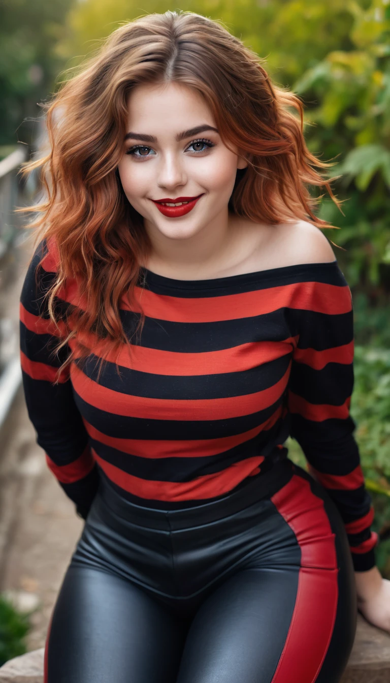 ultrarealistic high quality full body photo of a beautiful super busty slim european 19-year-old woman with cute hyperdetailed shy face and redhead shoulder length messy hair and shy smile, realistic round black eyes, red lips, dark eye makeup with eyeliner, wearing striped longsleeve and faux leather leggins, hourglass body, tanned, outdoor photography