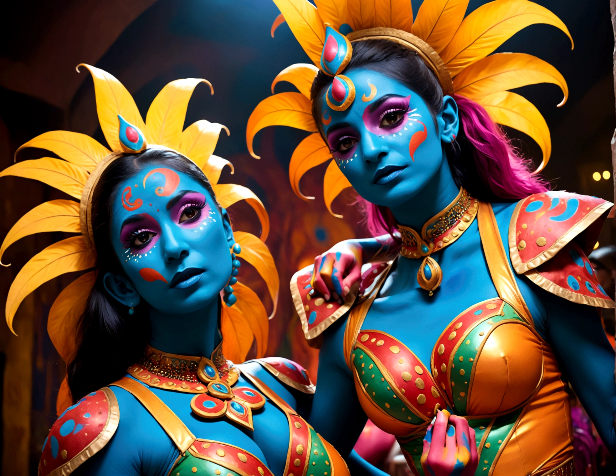 "(best quality, highres, ultra-detailed), 2 women, Desi, 40, average build, in colorful body paint,(playful, vibrant) jesters (costume is entirely body paint), wrestling for a crowd of rowdy aliens, in an(otherworldly) atmosphere,(fantastical, whimsical) outfits, (elaborate face makeup), (bright, vivid) colors, lively expressions, (dynamic poses), (mysterious, ethereal) lighting"