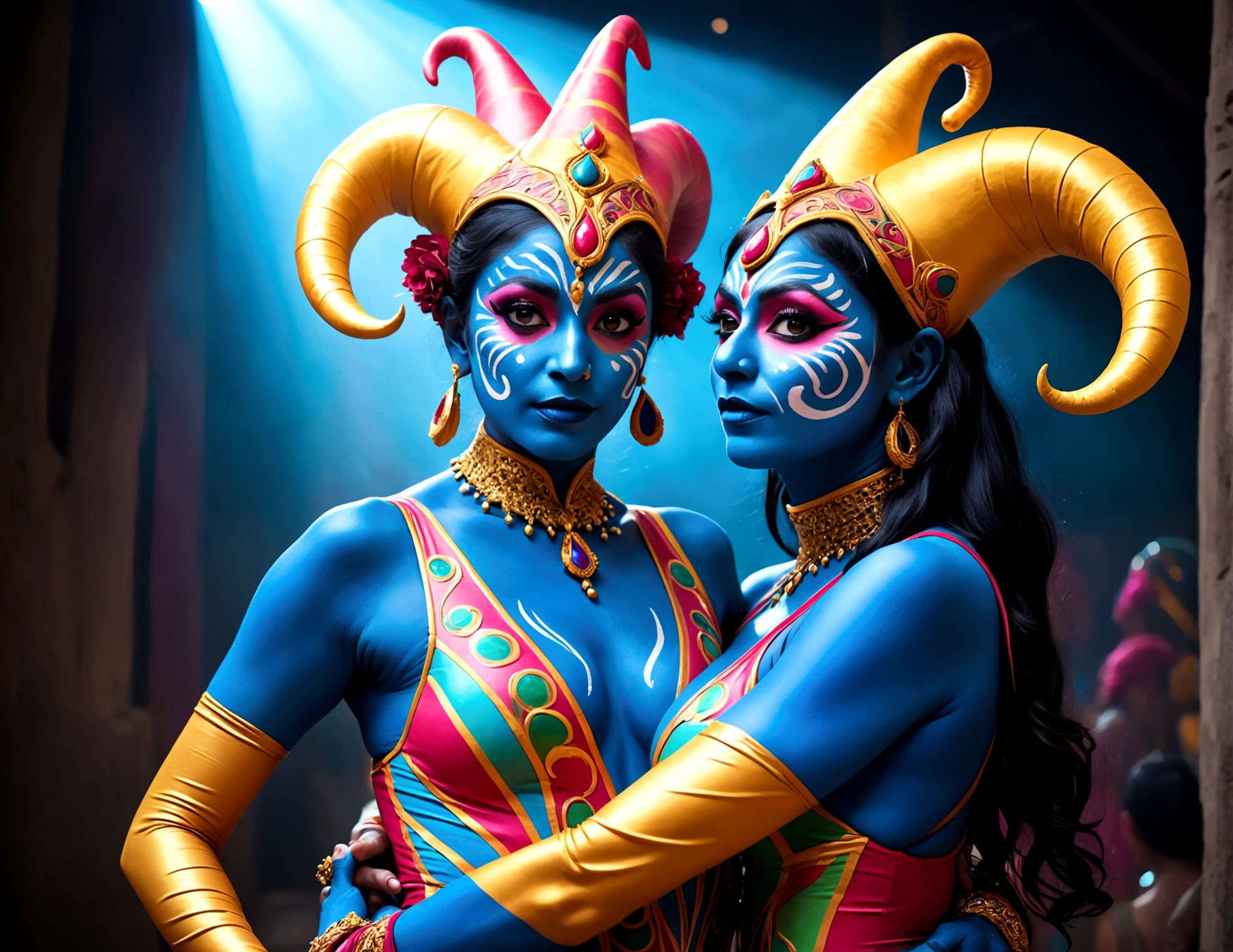 "(best quality, highres, ultra-detailed), 2 women, Desi, 40, average build, in colorful body paint,(playful, vibrant) jesters (costume is entirely body paint), wrestling for a crowd of rowdy aliens, in an(otherworldly) atmosphere,(fantastical, whimsical) outfits, (elaborate face makeup), (bright, vivid) colors, lively expressions, (dynamic poses), (mysterious, ethereal) lighting"
