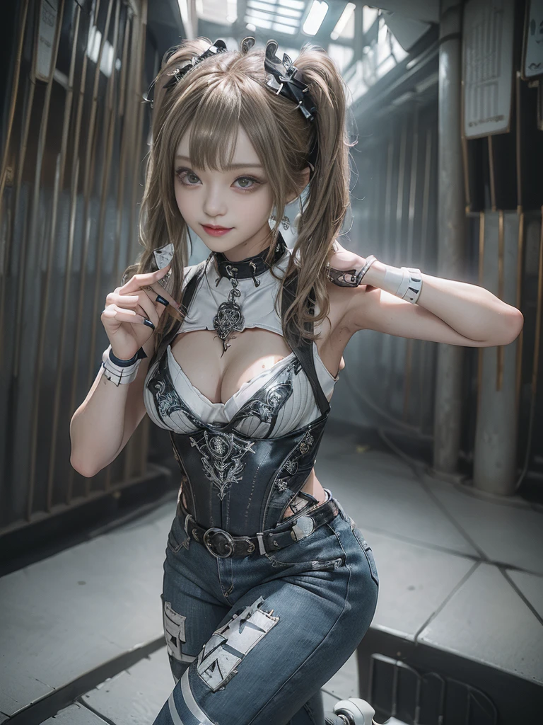 (Full Body View:1.ide view:1.1)、(Sg with teeth showing:1.3),(Shibuya Gal:1.5)、(Gothic Lolita styhion:1.5)、(Punk RockVisual Kei:1.5)、(Wearing a rhythmic gymnastics bodysuit with intricate details:1.4)、(Racing suit and pants with intricate decorations in white, denim and charcoal:1.5)、(Denim and light blue and white boots:1.3)、((belt))、(Numerous delicate logo marks all over the costume:1.4)、(collar:1.3)、(Striped unde:1.5)、20-year-old、NSFW、((Highest quality、In 8K、masterpiece:1.3))、Sharp focus:1.2、(ed Cut、Huge boobs:1.1),Beautiful woman perfect figure:1.4、(Doing an aerobics pose:1.3)、Slender Abs:1.2、Highly detaiface and skin texture、Detailed eyes、double eyelid,(Twin tails:1.3)、(Brown-golden hair:1.3)、Gravure idol、(The background is a beautiful crystal underground palace:1.3)、(Slim body:1.3),(Make your legs er:1.4),(Thin thighs:1.1)、(clavicle:1.1)