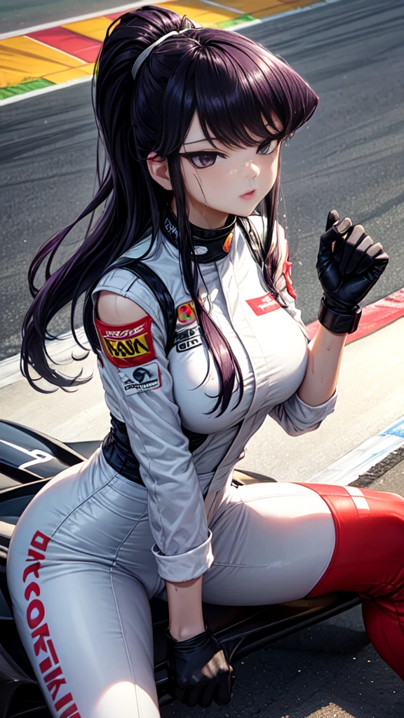 ((perfect hands)), ((perfect anatomy)), (((komi_shouko))), purple hair, ponytail, purple eyes, large breast, wet body, race queen, unbottened nomex, dark blue nomex, black gloves, street race circuit, sit on a race sport car, enamel, glint