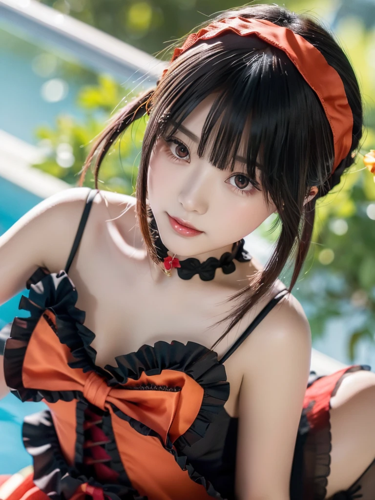 (Highest quality、4K、8K, masterpiece:1.3), Ultra detailed face, Detailed lips, Detailed eyes, double eyelid,
BREAK,
(Looking down:1.5), (close up:1.25), (Seductive pose:1.5),
BREAK,
1girl, 18 years old, smile,
BREAK,
aakurumi, long hair, twintails, hairband, heterochromia, medium breasts, cleavage, black choker, red ribbon, bare shoulders, gothic, red dress, red bow, detached sleeves, red skirt,
BREAK,
in the pool,