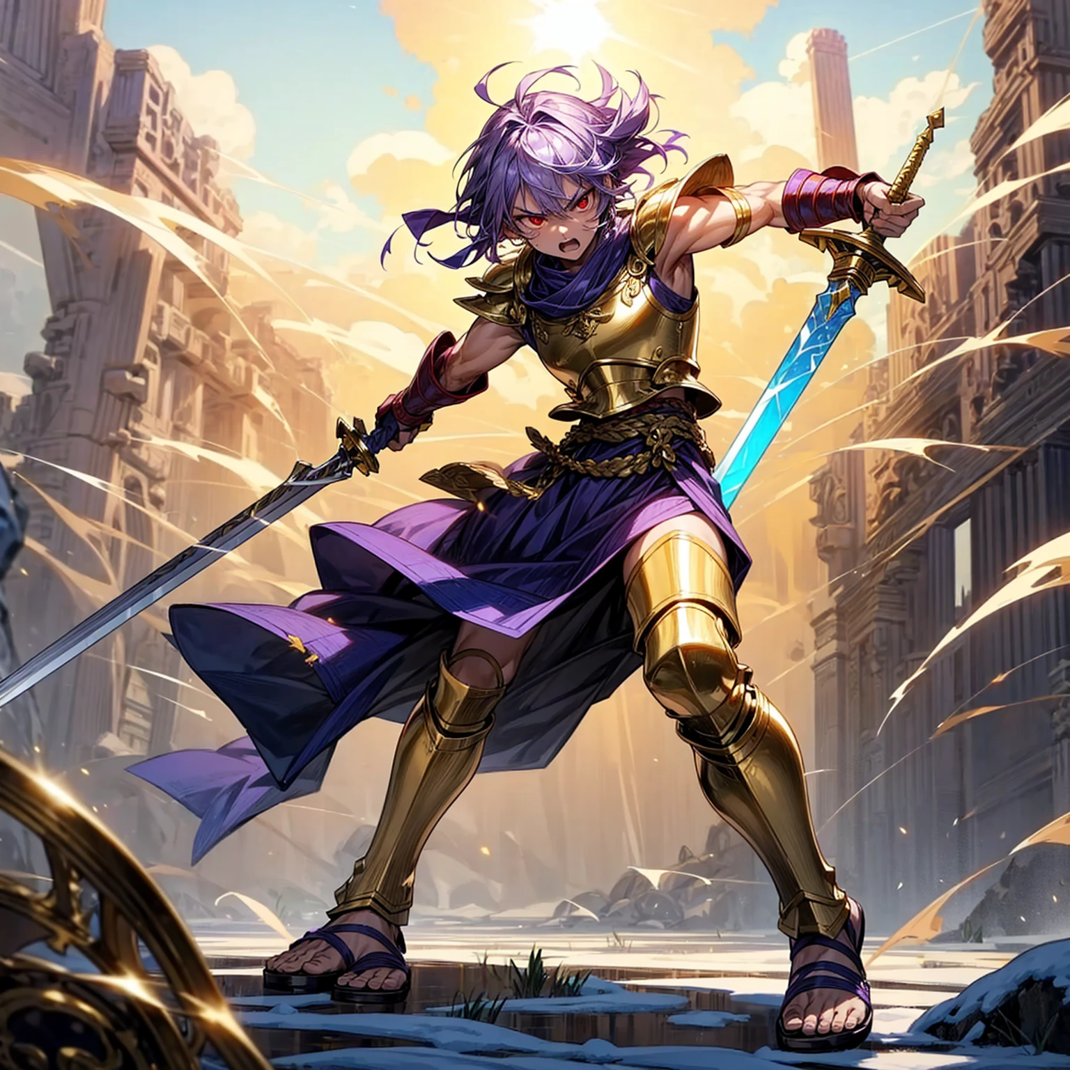 1boy, Full body version, red eyes, tan colour skins, very angry eyes, cut hair, purple colour hair, very angry expression, ancient greek clothing, gladiator sandals, Rapier gold sword in hand, small shield gold, gold armor vest, Grassroots background in snow, sunlight, sun, Sun silhouette, sun glare, smoke, background clutter, damage, war gesture, lighting sword, lighting blue, lighting gold, lighting fire 