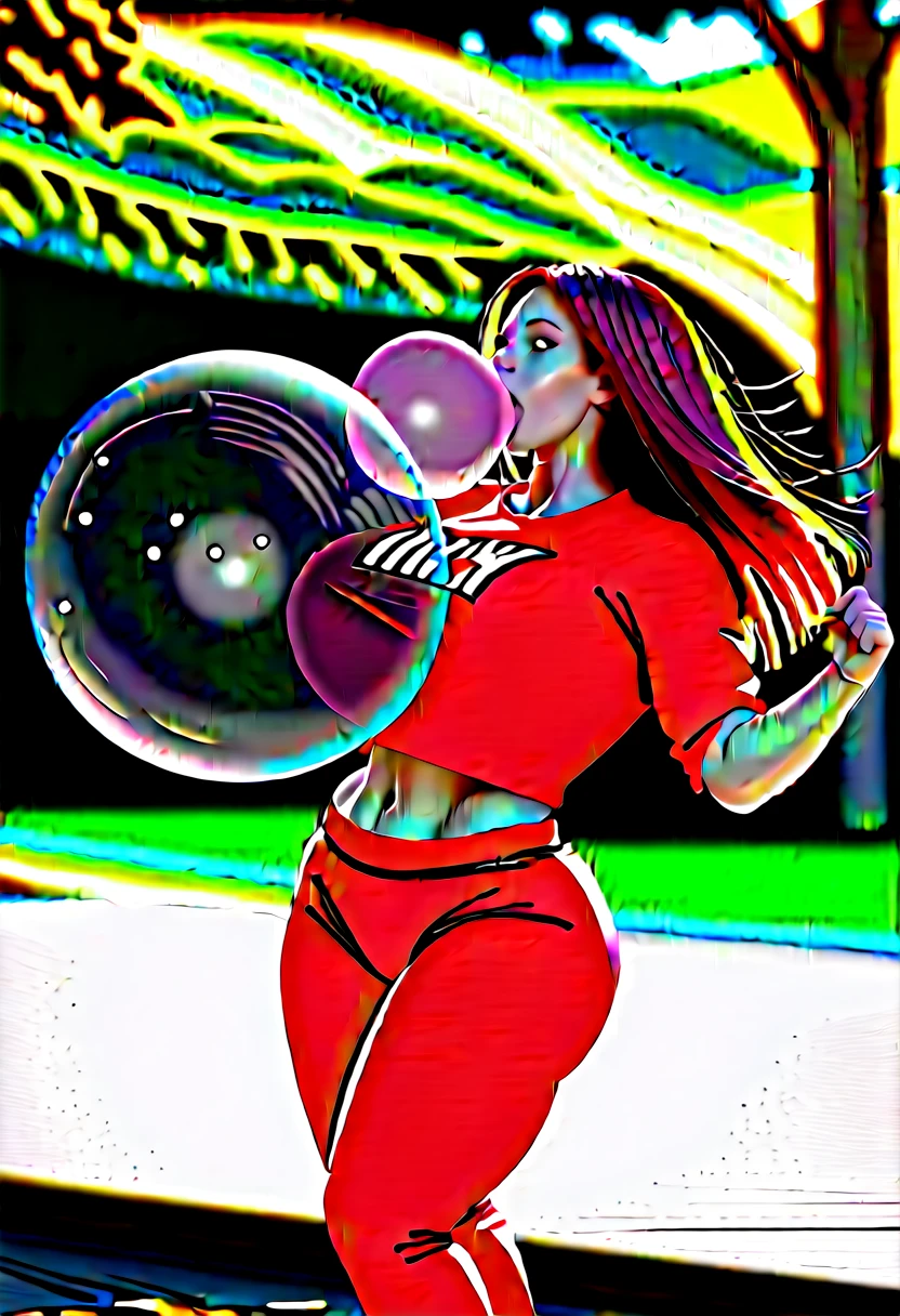 score_9, score_8_up,score_7_up, score_6_up, score_5_up, score_4_up, fine detailed, photo 8k, venusbody, hitomi, solo, solo, living inflatable woman, intricate, elegant, highly detailed, luxurious long and thick platinum ginger auburn red hair, thick plump lips, (wearing red, white and blue stars and stripes bandana on head), blunt bangs, heavy freckled skin, thick lips, (wearing a large Purple, Chromed and gold cheerleader sweater top with long plaid skirt), (platform running sneakers), (muscular female:1.4), (gigantic breasts), (hyper muscle), (large butt), (muscular abs), navel nozzle, nipple nozzle, (((blowing extra gigantic enormous bubble gum:1.3))), (outdoor jogging through thick forest trail in the early morning), (facing forward profile running towards camera)