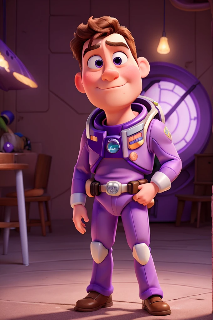 create a photo of buzzlightyear in a purple uniform and with a questioning face, scratching his head.