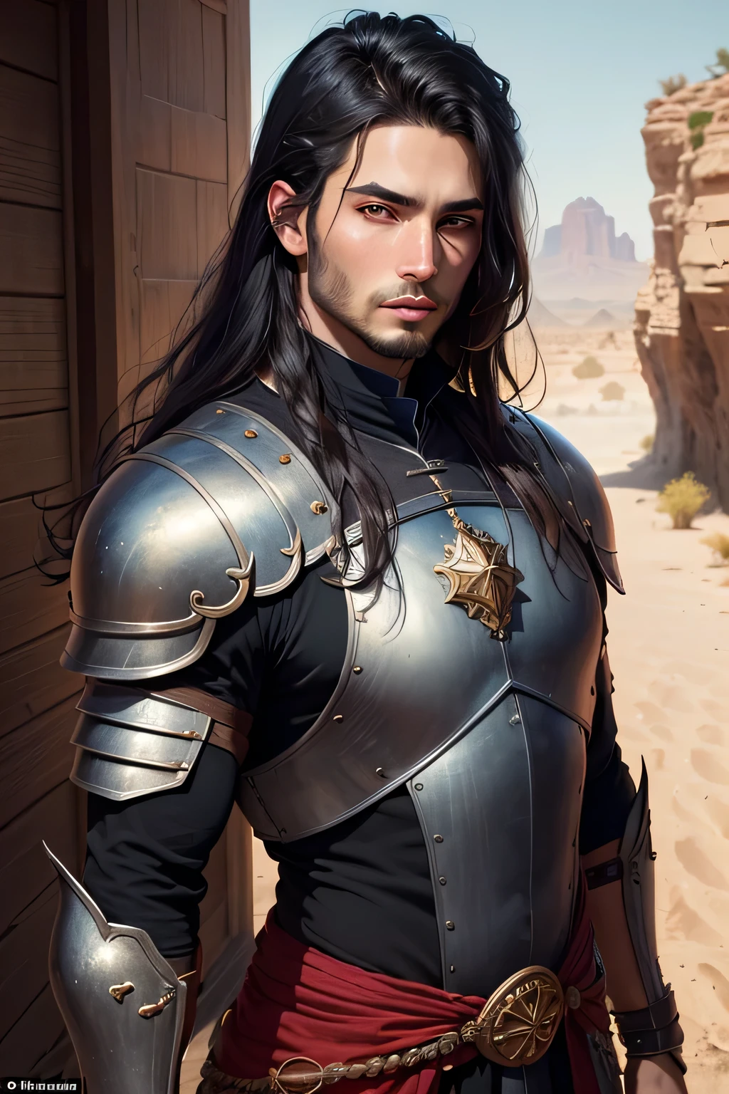 ((best quality)), ((masterpiece)), (detailed), Prize-winning works, with incredible details, maximum textures and details, mantea ,1 An adventurous warrior man in dark black light armor, long black hair (30 year old murderer:1.1,detailedeyes, face detailed, whole body:1.1,the background is a desert ),(best qualityer:1.2,ultra detali:1.1,realisitic:1.37),stone medieval ancient city ,eyeshadows,hidden identity,sharp focus,swirly vibrant colors,), (twilight), (natta), 8K