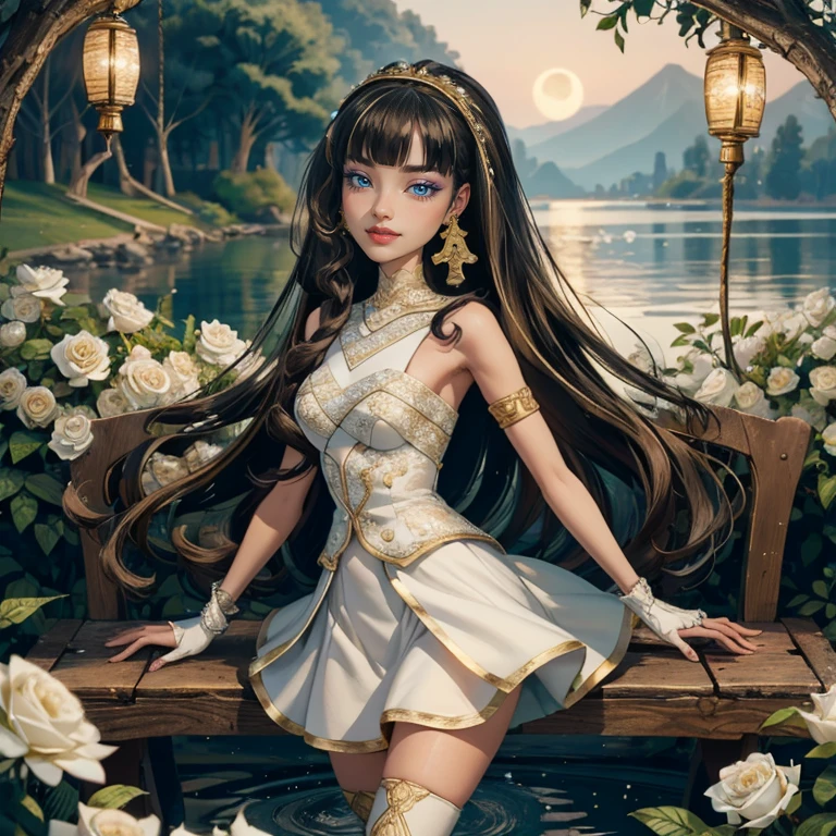 ((high quality)), ((Work of art)), (more detail), 1girl, centered, a girl with a blue skinny, award winning upper body portrait, cowboy shot, solo, black and white hair, long hair, wave hair, Egyptian aesthetic, white shirt, white skirt, blue knee boots, smiling, Egypt style, garden with lake scenery, gold lanterns, white roses, full moon,  depth of field, cinematic composition, seat close to a lake, white roses, smile, gothic dress, white dress, white dress with transparency, blue laces, white gloves, white high socks, blue high hills boots, gold jewelry, jewelry, lake, white roses on focus, Cleo de Nilo_(monster high), Monster High, looking at the viewer, more details on the clothes, petals in the air, two arms, two legs, two hands, five fingers