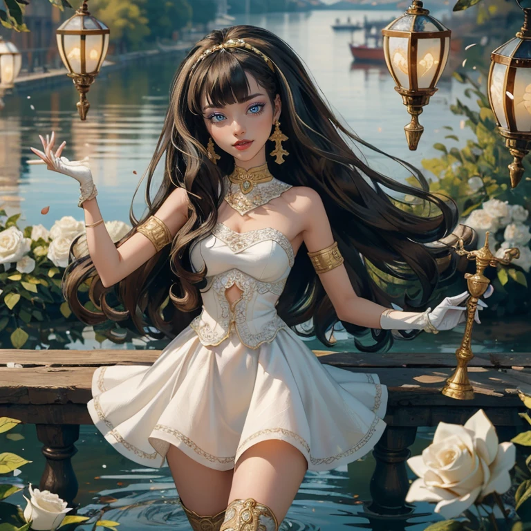 ((high quality)), ((Work of art)), (more detail), 1girl, centered, a girl with a blue skinny, award winning upper body portrait, cowboy shot, solo, black and white hair, long hair, wave hair, Egyptian aesthetic, white shirt, white skirt, blue knee boots, smiling, Egypt style, garden with lake scenery, gold lanterns, white roses, full moon, depth of field, cinematic composition, seat close to a lake, white roses, smile, gothic dress, white dress, white dress with transparency, blue laces, white gloves, white high socks, blue high hills boots, gold jewelry, jewelry, lake, white roses on focus, Cleo de Nilo_(monster high), Monster High, looking at the viewer, more details on the clothes, petals in the air, two arms, two legs, two hands, five fingers