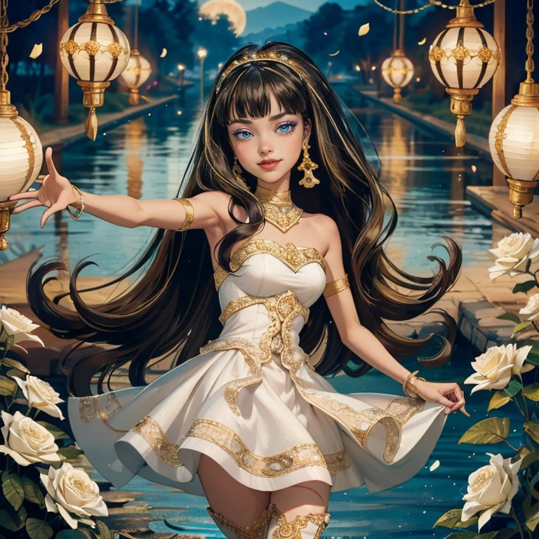 ((high quality)), ((Work of art)), (more detail), 1girl, centered, a girl with a blue skinny, award winning upper body portrait, cowboy shot, solo, black and white hair, long hair, wave hair, Egyptian aesthetic, white shirt, white skirt, blue knee boots, smiling, Egypt style, garden with lake scenery, gold lanterns, white roses, full moon,  depth of field, cinematic composition, seat close to a lake, white roses, smile, gothic dress, white dress, white dress with transparency, blue laces, white gloves, white high socks, blue high hills boots, gold jewelry, jewelry, lake, white roses on focus, Cleo de Nilo_(monster high), Monster High, looking at the viewer, more details on the clothes, petals in the air, two arms, two legs, two hands, five fingers