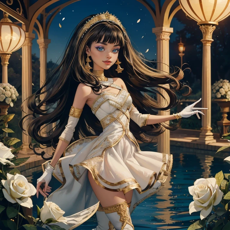 ((high quality)), ((Work of art)), (more detail), 1girl, centered, a girl with a blue skinny, award winning upper body portrait, cowboy shot, solo, black and white hair, long hair, wave hair, Egyptian aesthetic, white shirt, white skirt, blue knee boots, smiling, Egypt style, garden with lake scenery, gold lanterns, white roses, full moon, depth of field, cinematic composition, seat close to a lake, white roses, smile, gothic dress, white dress, white dress with transparency, blue laces, white gloves, white high socks, blue high hills boots, gold jewelry, jewelry, lake, white roses on focus, Cleo de Nilo_(monster high), Monster High, looking at the viewer, more details on the clothes, petals in the air, two arms, two legs, two hands, five fingers