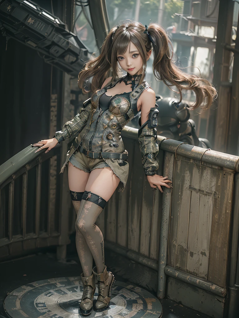 (Full Body View:1.5)、(Side view:1.1)、(Please smile with your teeth showing:1.3),(Shibuya Gal:1.5)、(Gothic ta style fashion:1.5)、(Tattered khaki and gray futuristic micro high leg bodysuit:1.5)、(Tattered Khaki and Moss Green Micro Fancy Sleeves:1.5)、(Tattered khaki micro shorts:1.5)、(Brown and khaki knee socks:1.3)、(camouflage:1.3)、(Military jacket:1.4)、Brown boots、Khaki gloves、internal、(The underwear is striped:1.4)、23 years old、(do a gravure pose:1.3)、((Highest quality、8K、masterpiece:1.3))、One girl、The beauty of slim abs:1.3、(Hairstyle Casual、Big Tits:1.1)、dress:1.1、Super small face、Narrow eyes、double eyelid、Laughter、Esbian all over、Dynamic Angle、Close-up、CPL Filter、Blurred Background、Bokeh、Blue Hour、Detailed face and skin texture、Detailed Eyes,(Twin tails:1.3)、(Brown-golden hair:1.4)、Gravure idol pose、(The background shows a futuristic hovercraft bike flying through the air.:1.3)、(The body is slim:1.2),(Slim legs:1.4),(clavicle:1.1)