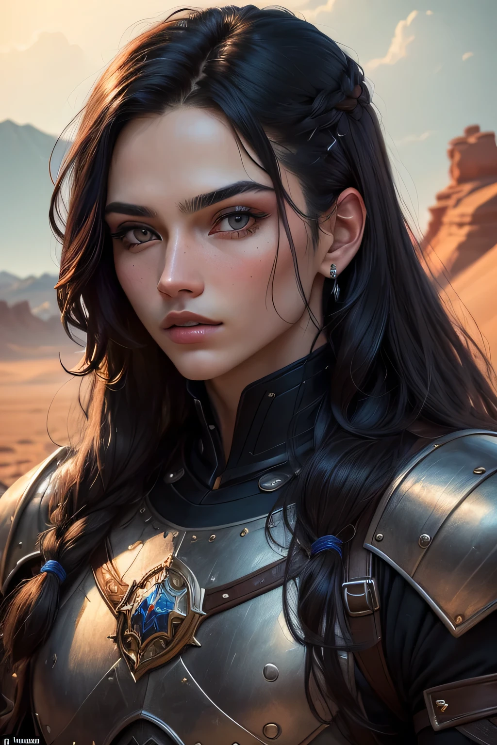 ((best quality)), ((masterpiece)), (detailed), Prize-winning works, with incredible details, maximum textures and details, mantea ,1 An adventurous warrior man in dark black light armor, long black hair (30 year old murderer:1.1,detailedeyes, face detailed, whole body:1.1,the background is a desert ),(best qualityer:1.2,ultra detali:1.1,realisitic:1.37),stone medieval ancient city ,eyeshadows,hidden identity,sharp focus,swirly vibrant colors,), (twilight), (natta), 8K