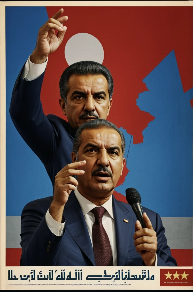 Creates the image of an Algerian male politician giving a Soviet Union style oriented speech in the 70's