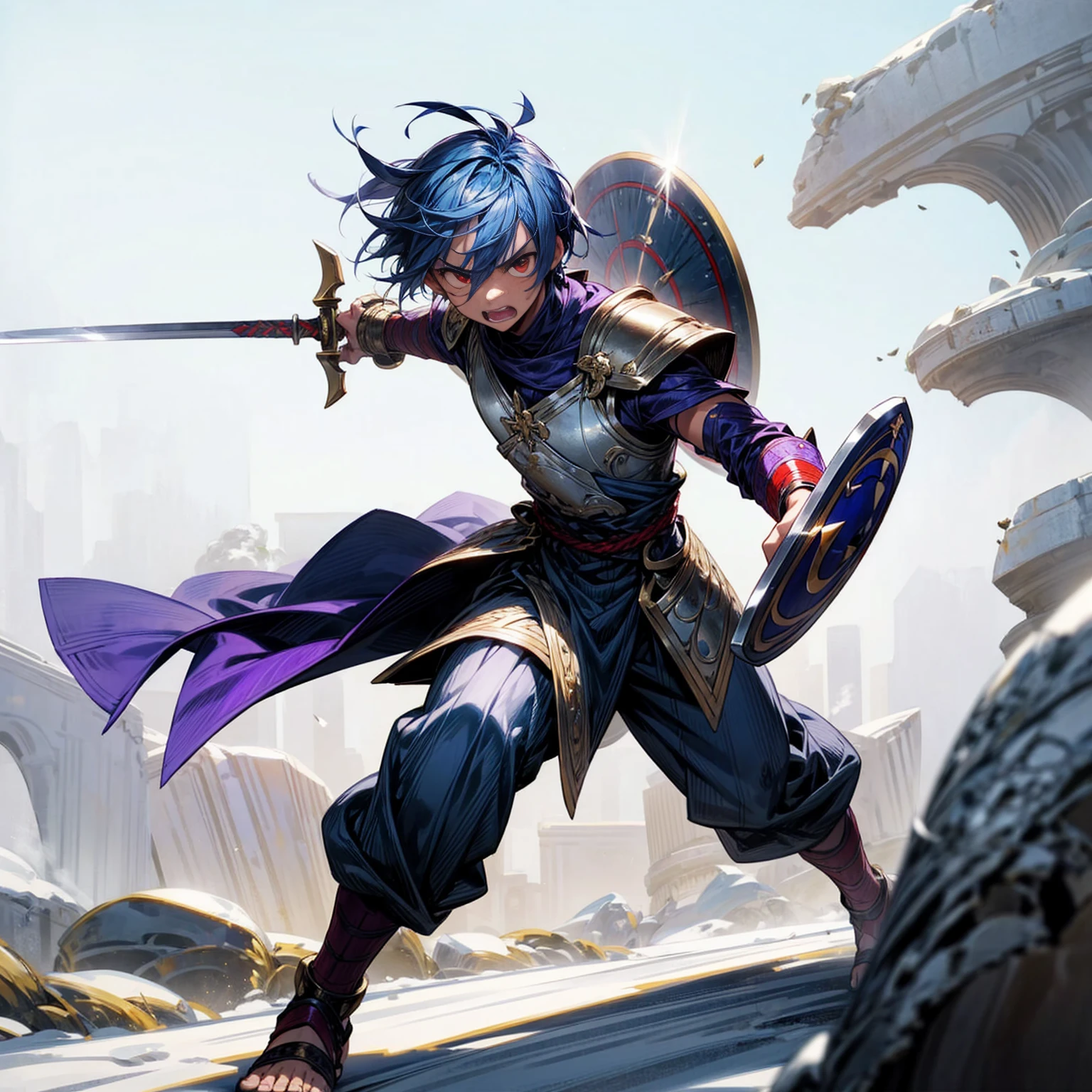 1boy, Full body version, red eyes, tan colour skins, very angry eyes, cut hair, blue colour hair, very angry expression, ancient greek clothing, gladiator sandals, Rapier gold sword in hand, small shield gold, gold armor vest, Grassroots background in snow, sunlight, sun, Sun silhouette, sun glare, smoke, background clutter, damage, war gesture