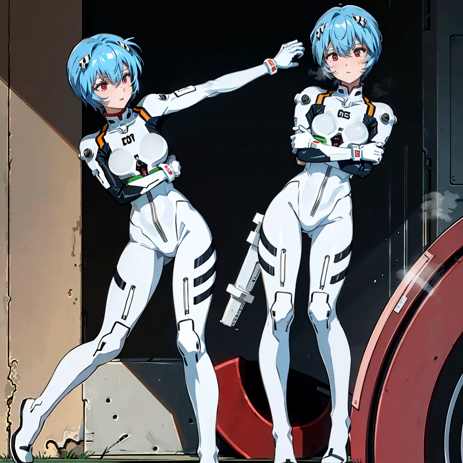 ((Highest quality, 8k wallpaper)),(masterpiece, Highest quality),Very detailed,High resolution,(Official Art:1.3),(((Anime screenshots,Black outline))),One girl,alone, Break mer1,(Rei Ayanami {Neon Genesis Evangelion,}1.2),masterpiece, best quality, outdoor, 1girl, Solo,red eyes,short hair,blue hair, (White plug suit:1.4), skin tight,(backlight, shaded face, cross-eyed, rolling eyes, empty eyes, jitome, raised eyebrows, one eye closed:1.3),(((Covered in sweat, Mass sweat, Sweating profusely,steam:1.7))), (((fighting stance, knees together feet apart, leaning forward, holding own arm, bent legs:1.8))), (Dirty Costume with mud,gym storeroom:1.5),