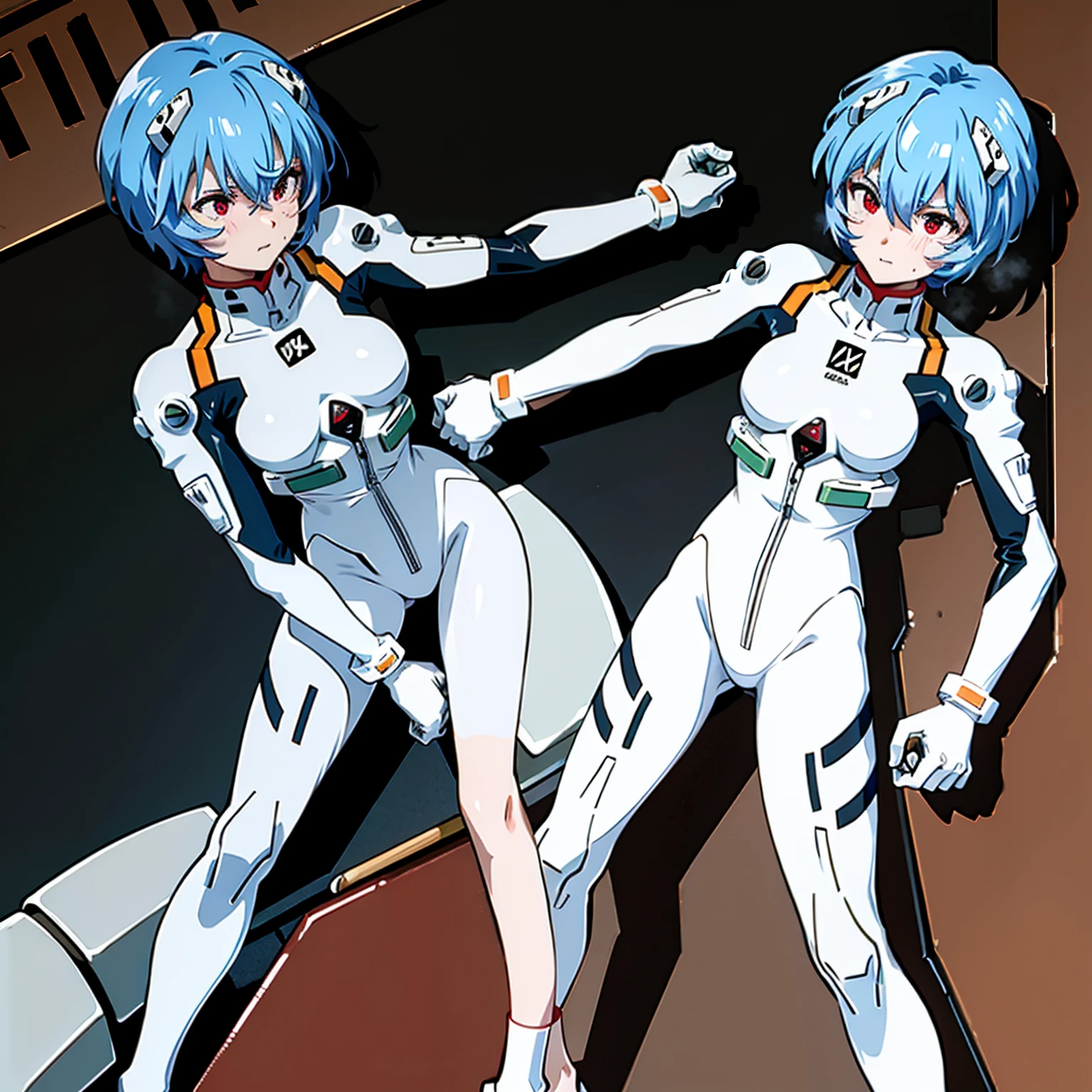 ((Highest quality, 8k wallpaper)),(masterpiece, Highest quality),Very detailed,High resolution,(Official Art:1.3),(((Anime screenshots,Black outline))),One girl,alone, Break mer1,(Rei Ayanami {Neon Genesis Evangelion,}1.2),masterpiece, best quality, outdoor, 1girl, Solo,red eyes,short hair,blue hair, (White plug suit:1.4), skin tight,(backlight, shaded face, cross-eyed, rolling eyes, empty eyes, jitome, raised eyebrows, one eye closed:1.3),(((Covered in sweat, Mass sweat, Sweating profusely,steam:1.7))), (((fighting stance, knees together feet apart, leaning forward, holding own arm, bent legs:1.8))), (Dirty Costume with mud,gym storeroom:1.5),