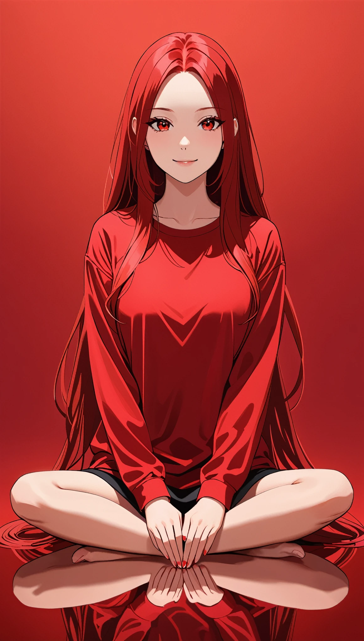 1 Girl, Dynamic Action, Smile, Smooth long hair,sitting on the ground, (Red long hair, Red background, Red long-sleeved loose T-shirt, Red background, Solid color background,Red Worship, red reflections, Red skin:1.5), Flat style,  Minimalism, Anime style