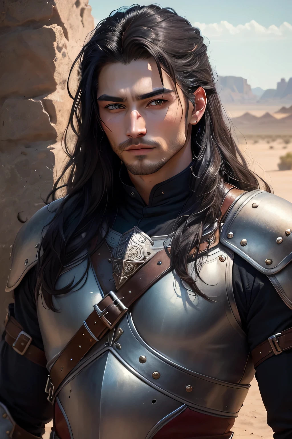 ((best quality)), ((masterpiece)), (detailed), Prize-winning works, with incredible details, maximum textures and details, mantea ,1 An adventurous warrior man in dark black light armor, long black hair (30 year old murderer:1.1,detailedeyes, face detailed, whole body:1.1,the background is a desert ),(best qualityer:1.2,ultra detali:1.1,realisitic:1.37),stone medieval ancient city ,eyeshadows,hidden identity,sharp focus,swirly vibrant colors,), (twilight), (natta), 8K