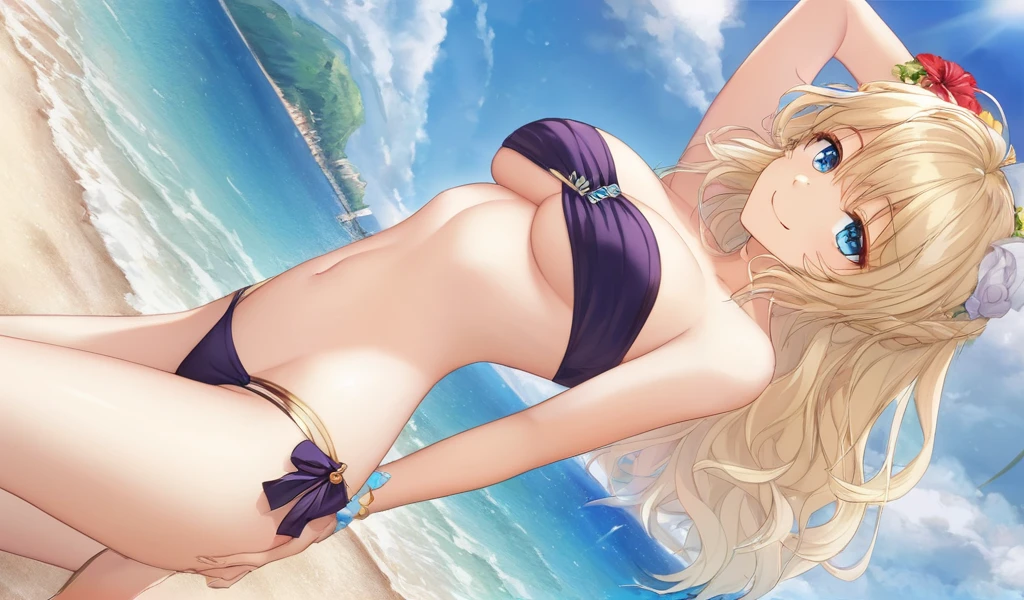 Arching the back, (Highest quality))(masterpiece))(detailed)A beautiful elven woman、Beach,Giddy Smile, Arched Back, bandeau bikini, Booty pose