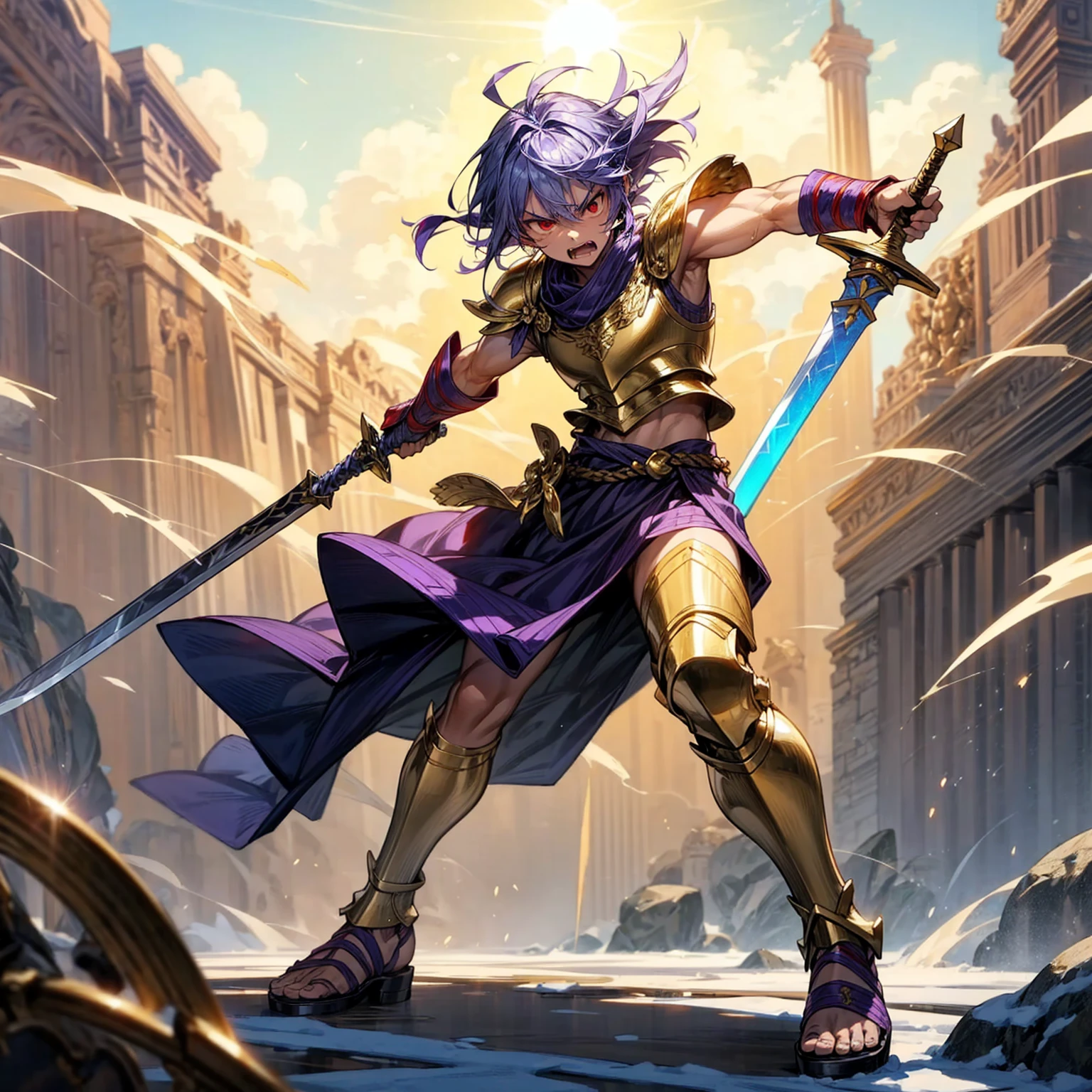 1boy, Full body version, red eyes, tan colour skins, very angry eyes, cut hair, purple colour hair, very angry expression, ancient greek clothing, gladiator sandals, Rapier gold sword in hand, small shield gold, gold armor vest, Grassroots background in snow, sunlight, sun, Sun silhouette, sun glare, smoke, background clutter, damage, war gesture, lighting sword, lighting blue, lighting gold, lighting fire