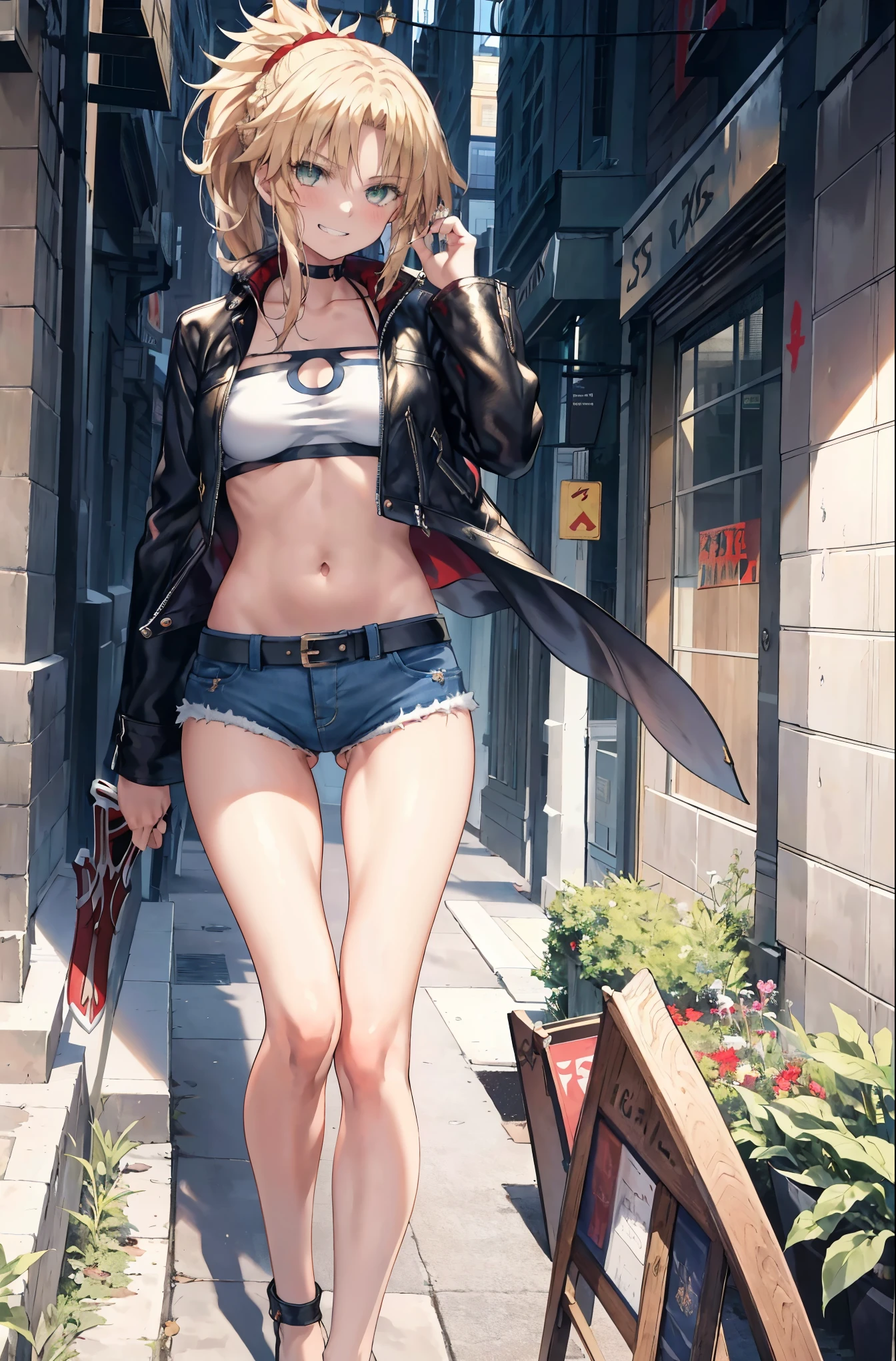 Masterpiece, Best Quality, illustration, city street, 1girl, Mordred \(fate\), cowboy shot, collarbone, Detailed blond hair ponytail braid, green eyes, Red leather jacket, White short blouse, denim shorts,navel,thigh-high,grin, covered_pussy,skiny,long_sword,apart_legs,