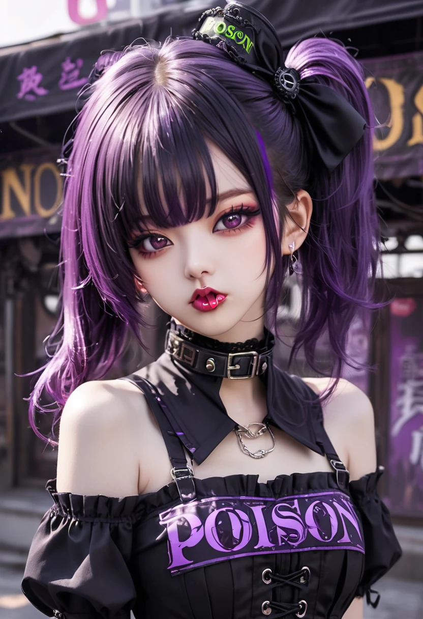 an anime girl with black hair with pink tips tied in a ponytail with one red eye with black sclera and the other red-purple,height of 1.50,bust size C 28 gothic clothing (Picture of ) complete