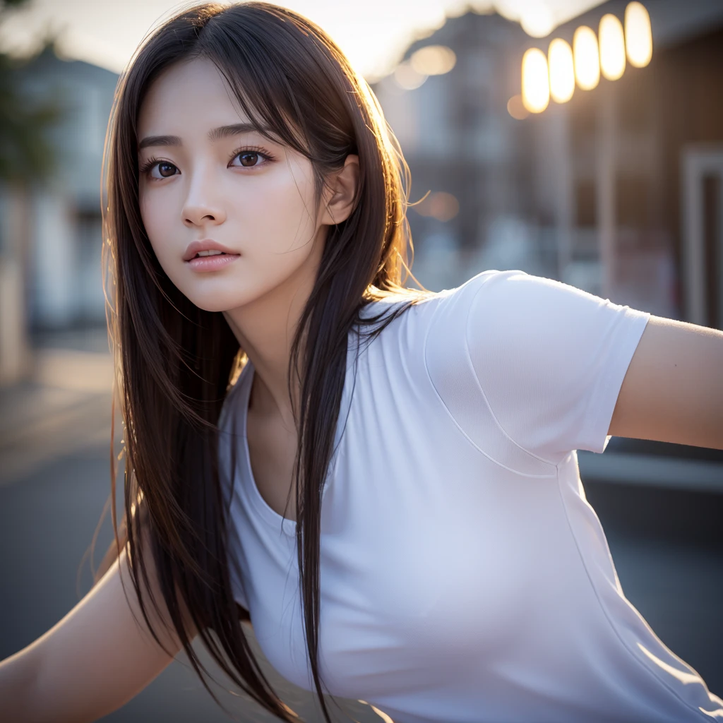 dressed, (photo realistic:1.4), (hyper realistic:1.4), (realistic:1.3),
(smoother lighting:1.05), (increase cinematic lighting quality:0.9), 32K,
1girl,20yo girl, Japanese idol, realistic lighting, backlighting, light on face, ray trace, (brightening light:1.2), (Increase quality:1.4),
(best quality real texture skin), finely detailed eyes, finely detailed face,
(tired and sleepy and satisfied:0.0), face closeup, t-shirts,
(Increase body line mood:1.1), shiny skin