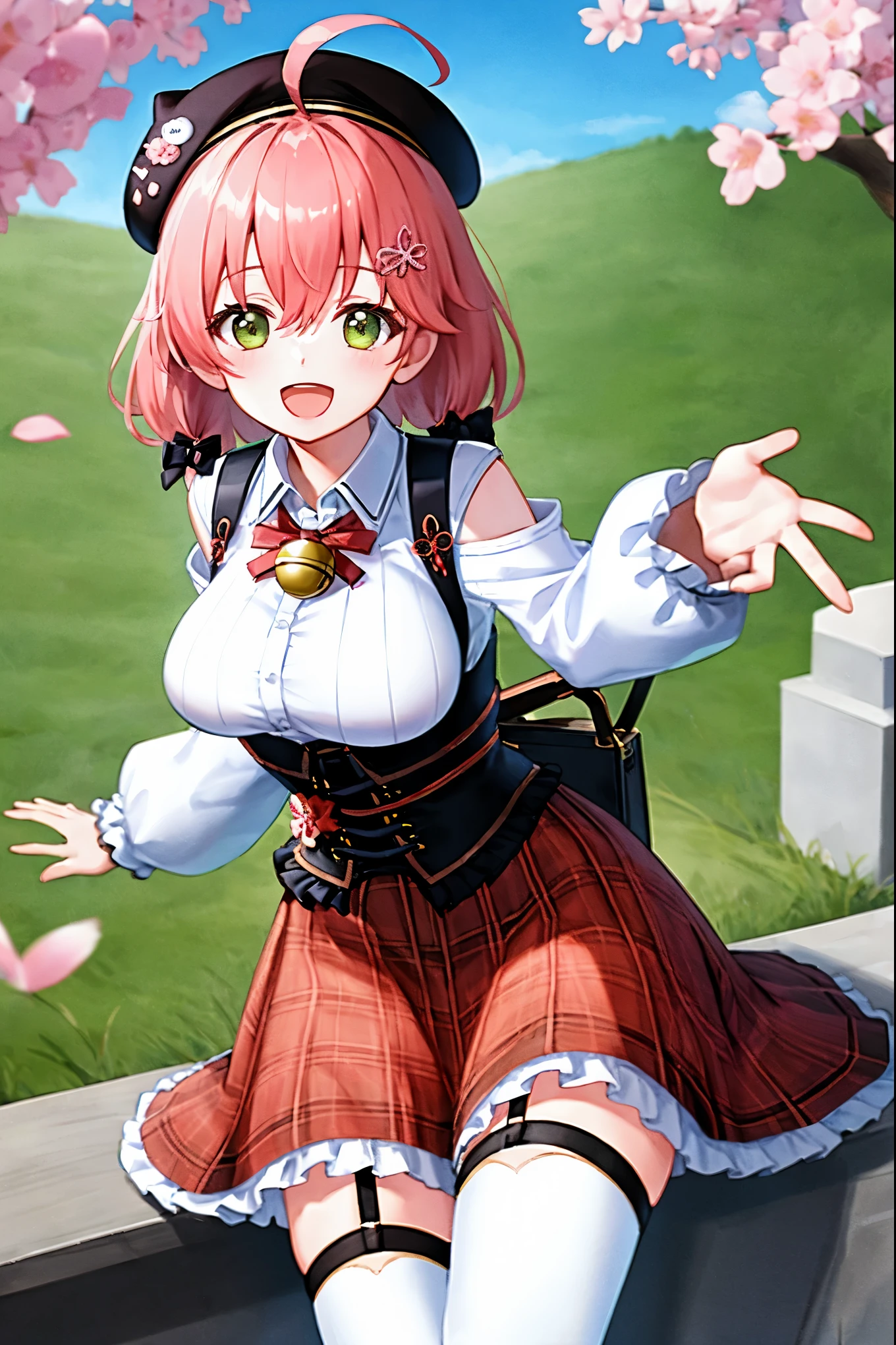 masutepiece, Best_Quality, hight_resolution, miko2,Ponytail, 1girl, Ahoge, black headwear, Hair Ornament, White shirt, black thighhighs, Pink hair, Red_skirt, very_short_skirt, plaid skirts, garter_strap, Collared shirt, hair clips, frilld, Bangs, hair between eye, frills skirt, beret, Pleated skirt, Hair Flower, Neck bell, , puffy long sleeves, Black bow, Underbust, Cowboy Shot,Smile, (large_breasts:1.3),covered_nipples, covered_pussy,green_eyes, happy, childlike_posing,spread_legs,(big_smile:1.2),plump,open_mouth,shout,half_eyes,cherryblossom_park_background,