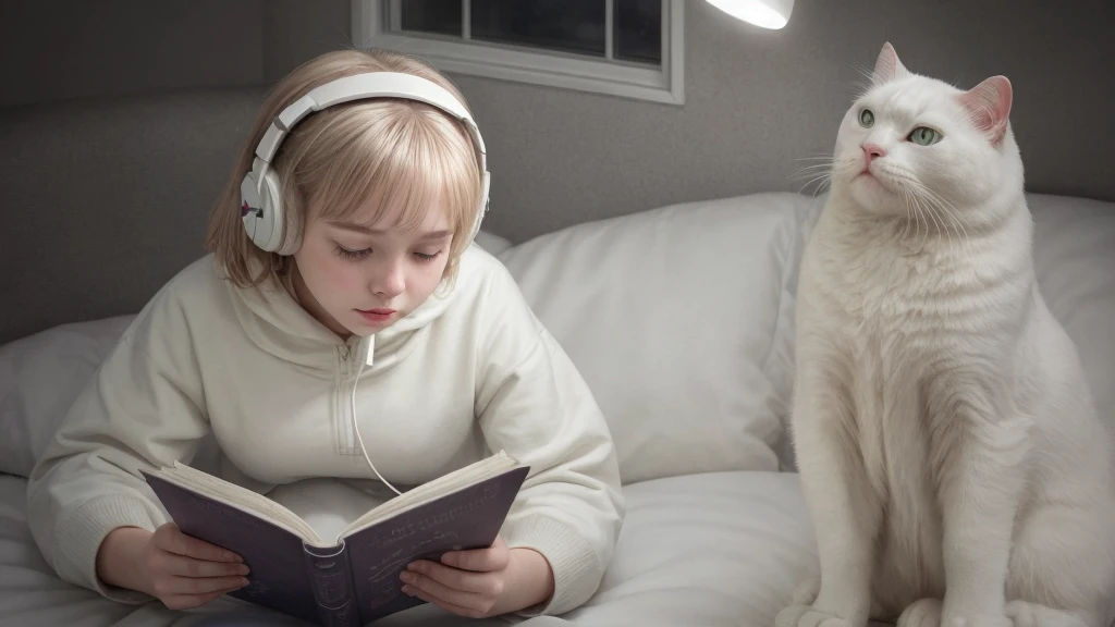 1girl, solo, reading at night with a White cat, night vew, wearing headphones.