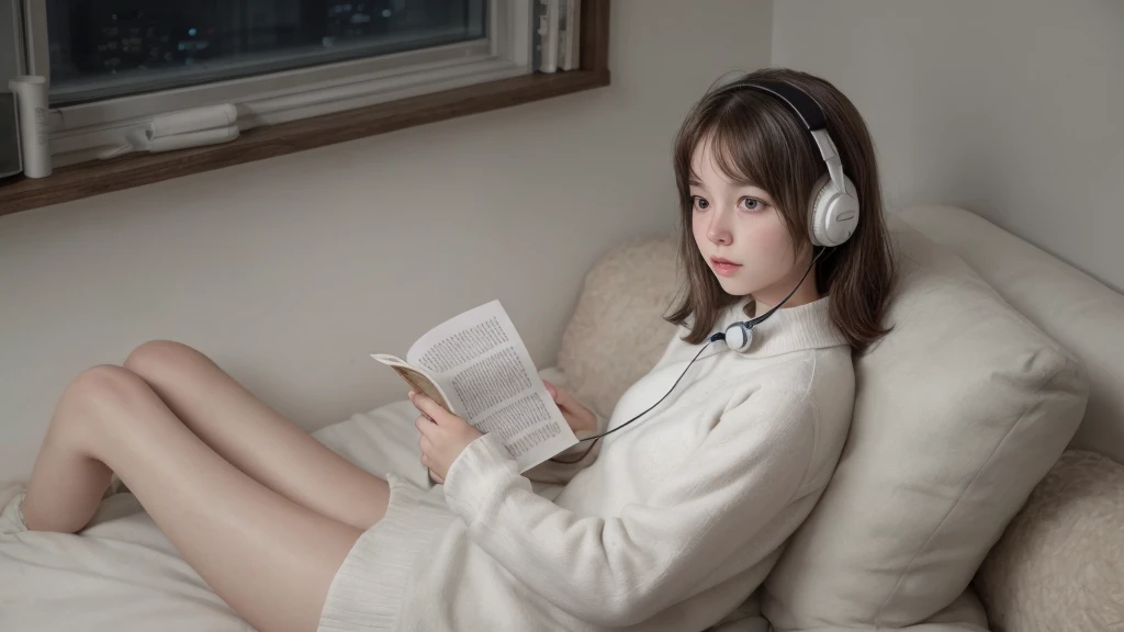 1girl, solo, reading at night with a White kitty, night vew, wearing headphones.