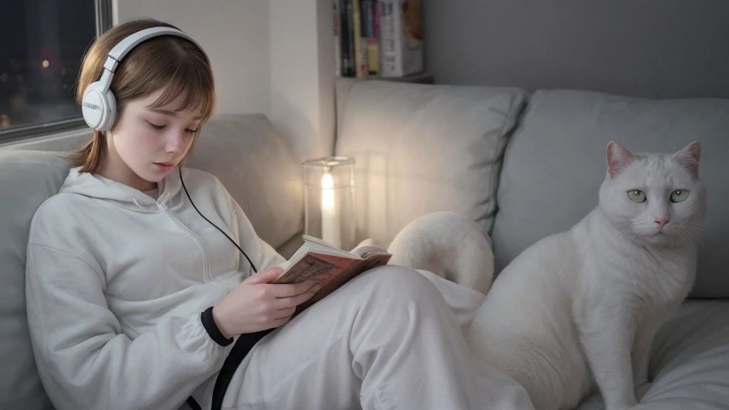 1girl, solo, reading at night with a White cat, night vew, wearing headphones.