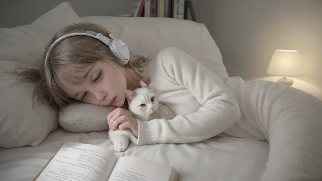 1girl, solo, reading at night with a White cat, night vew, wearing headphones.