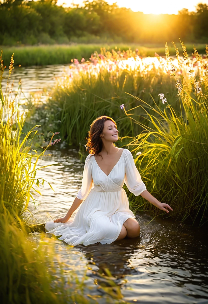 A woman sitting on the bank of a river, with a loose white dress and her feet gently touching the water, surrounded by vibrant wildflowers and tall grasses swaying in the breeze, the sun setting in the background casting a golden hue over the scene, evoking a feeling of peace and serenity. Photography, taken with a Canon EOS 5D Mark IV with a 50mm f lens/1.8 for a soft bokeh effect
