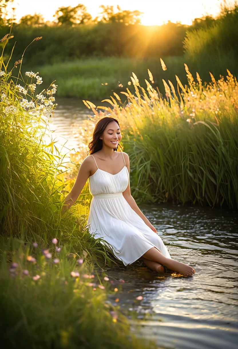 A woman sitting on the bank of a river, with a loose white dress and her feet gently touching the water, surrounded by vibrant wildflowers and tall grasses swaying in the breeze, the sun setting in the background casting a golden hue over the scene, evoking a feeling of peace and serenity. Photography, taken with a Canon EOS 5D Mark IV with a 50mm f lens/1.8 for a soft bokeh effect