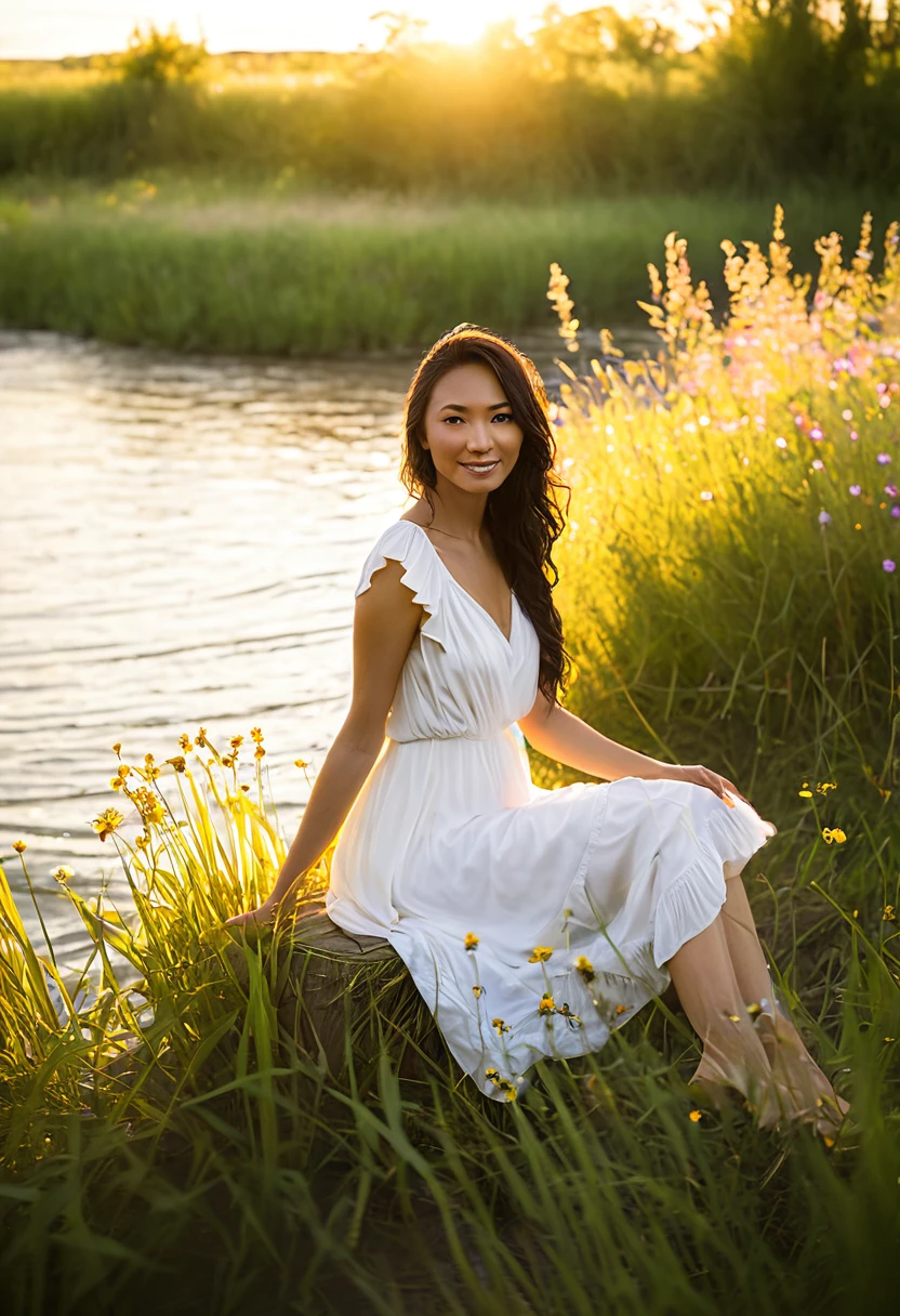 A woman sitting on the bank of a river, with a loose white dress and her feet gently touching the water, surrounded by vibrant wildflowers and tall grasses swaying in the breeze, the sun setting in the background casting a golden hue over the scene, evoking a feeling of peace and serenity. Photography, taken with a Canon EOS 5D Mark IV with a 50mm f lens/1.8 for a soft bokeh effect