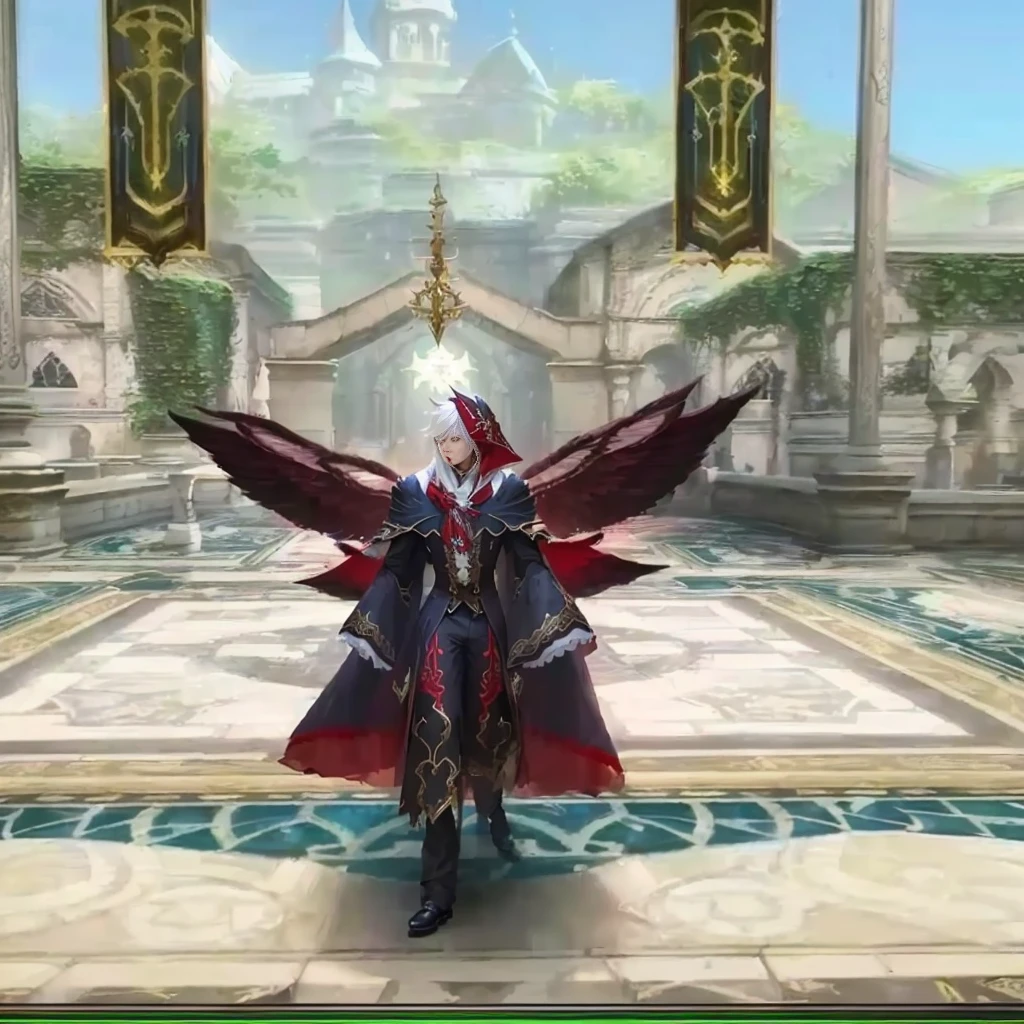 a close up of a person in a costume standing in a room, shadowverse style, picture of a male cleric, clothes themed on a peacock mage, lineage 2 revolution style, aion, crimson attire, wearing fantasy formal clothing, from lineage 2, exquisite and handsome wings, fantasy outfit, wearing red sorcerer's robes with a mask on his face