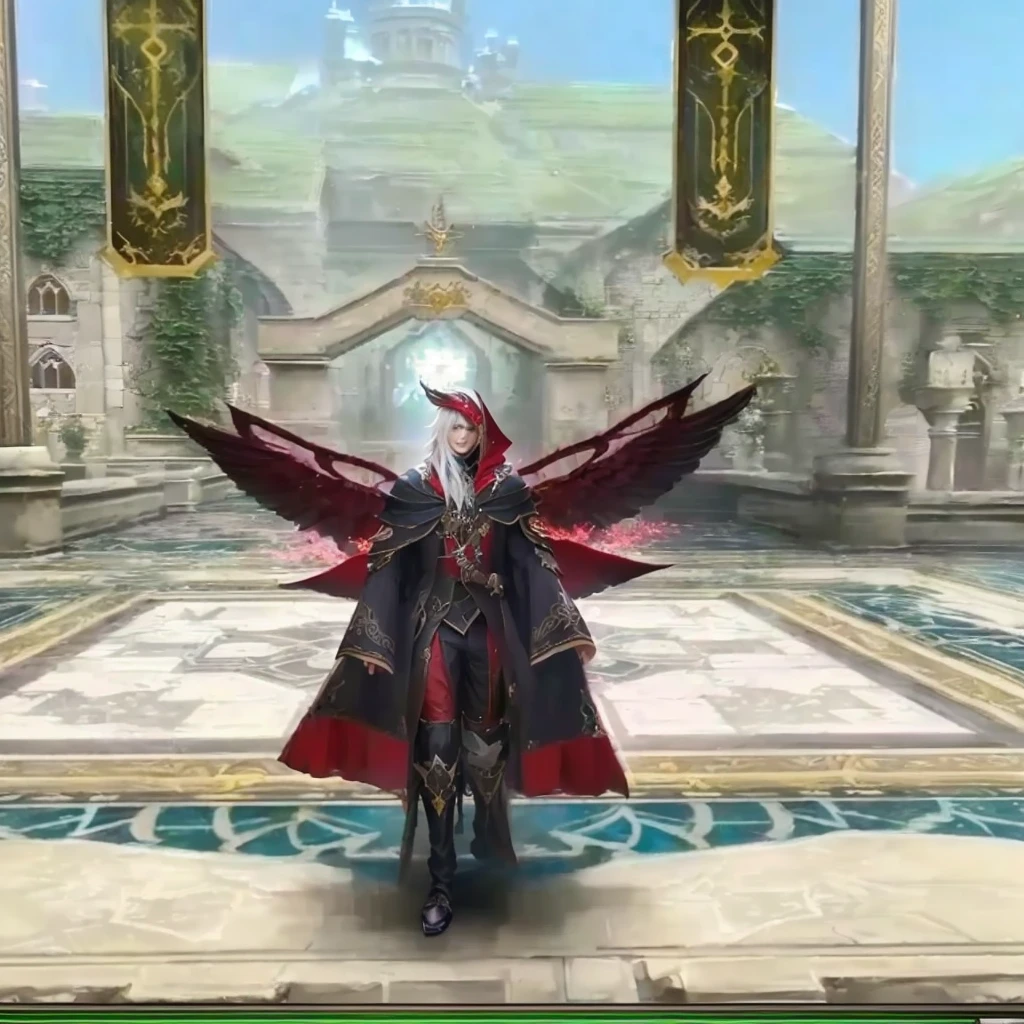 a close up of a person in a costume standing in a room, shadowverse style, picture of a male cleric, clothes themed on a peacock mage, lineage 2 revolution style, aion, crimson attire, wearing fantasy formal clothing, from lineage 2, exquisite and handsome wings, fantasy outfit, wearing red sorcerer's robes with a mask on his face