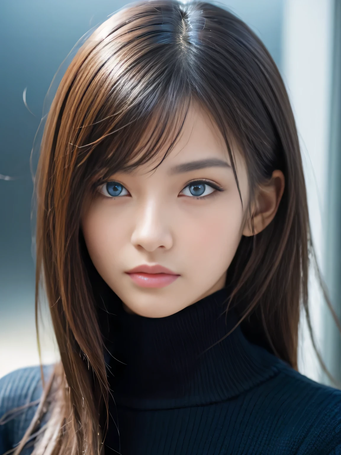 masterpiece, best quality, ultra-detailed, intricately detailed hyperdetailed, realistic, sharp features, highly detailed, sharp focus, 19 years old, (Japanese sophisticated model), perfect face, perfect  and delicate Blue eyes, perfect full lips, flexible female form, cinematic, hyper detailed, hyper realistic, high resolution, vibrant, dark fantasy, ((deep Blue hour)), light brown hair, messy hair, small breasts, Black sweater, portrait, head shot,