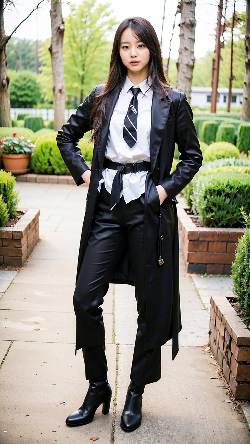 (8K、RAW Photos、Highest quality、masterpiece:1.2)、(Realistic、Realistic)、1 Girl、((Flared pants、bell-bottoms、tie、Medium Hair、Thin legs、whole body、boots、Black coat、garden、View from the front、Looking into the camera、belt、Stand with hands on hips))、