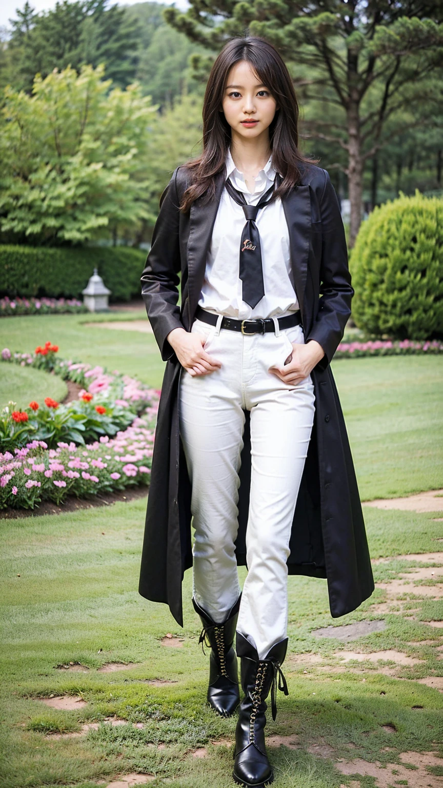 (8K、RAW Photos、Highest quality、masterpiece:1.2)、(Realistic、Realistic)、1 Girl、((Flared pants、bell-bottoms、tie、Medium Hair、Thin legs、whole body、boots、Black coat、garden、View from the front、Looking into the camera、belt、Stand with hands on hips))、