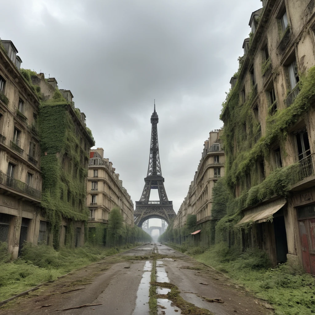 scenario: To Eiffel Tower in Paris, abandoned for years, post-war with much destruction, very apocalyptic. The streets around the Eiffel Tower are deserted and covered in invasive vegetation, with abandoned and rusty cars scattered across the avenues. Nearby buildings are damaged, with broken windows and collapsed facades. The Eiffel Tower is partially covered in moss and ivy, with some rusty and damaged metal sections. A thick fog envelops the entire area, and the sky is always cloudy, creating a dark and desolate atmosphere. Daylight is weak and diffuse, penetrating through the fog and highlighting the decaying grandeur of the Eiffel Tower and surrounding areas amidst the destruction.