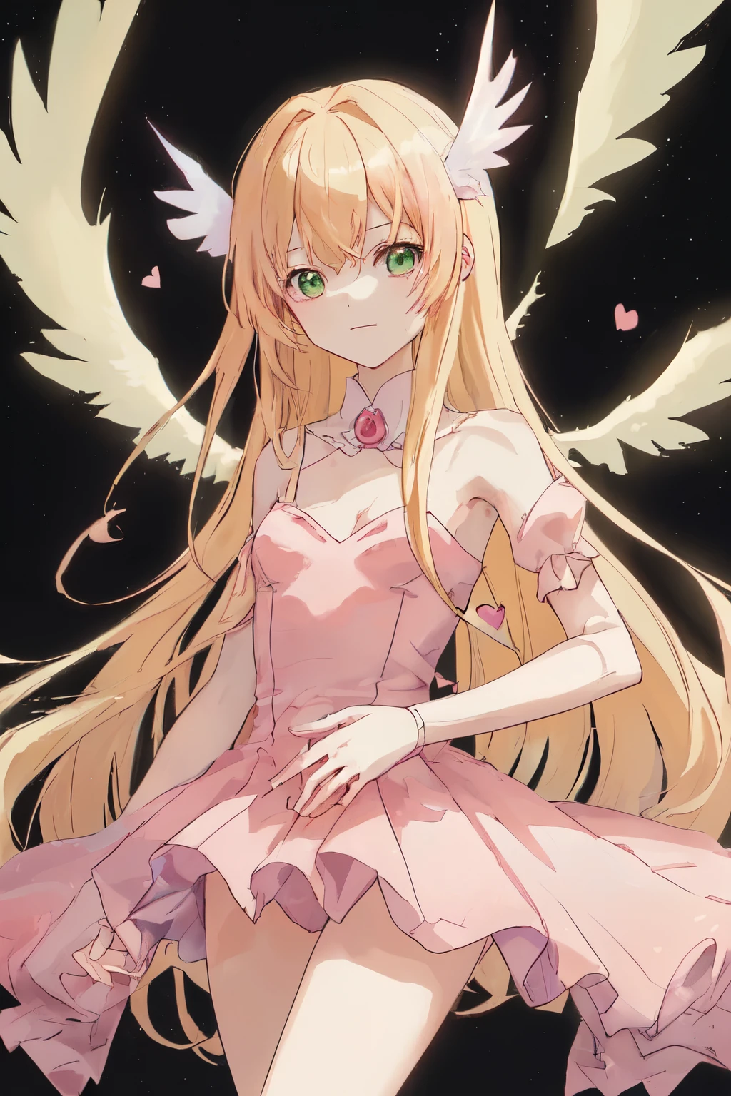 1_girl, (anime, kawai:2), (masterpeice, best_quality, clean:1.5), (sky_background:1.2), (cute, cute_smile, young:1.5), (delicate, extremely_delicate, beautiful, thin:1.5), (girlfriend, angel:1.8), (green_eyes, simple_eyes:1.8) (long_hair, blond_hair, wearing_pink_dress, pink_angel_wings, sexy_gloves:1.5), extremely_delicate, (love_magic:1.5), (age_size_fits_body), (small_thighs:1.3), (breasts), (eye_level:1.3), (heart_magic, love:1.5), (folded_legs:1.5)