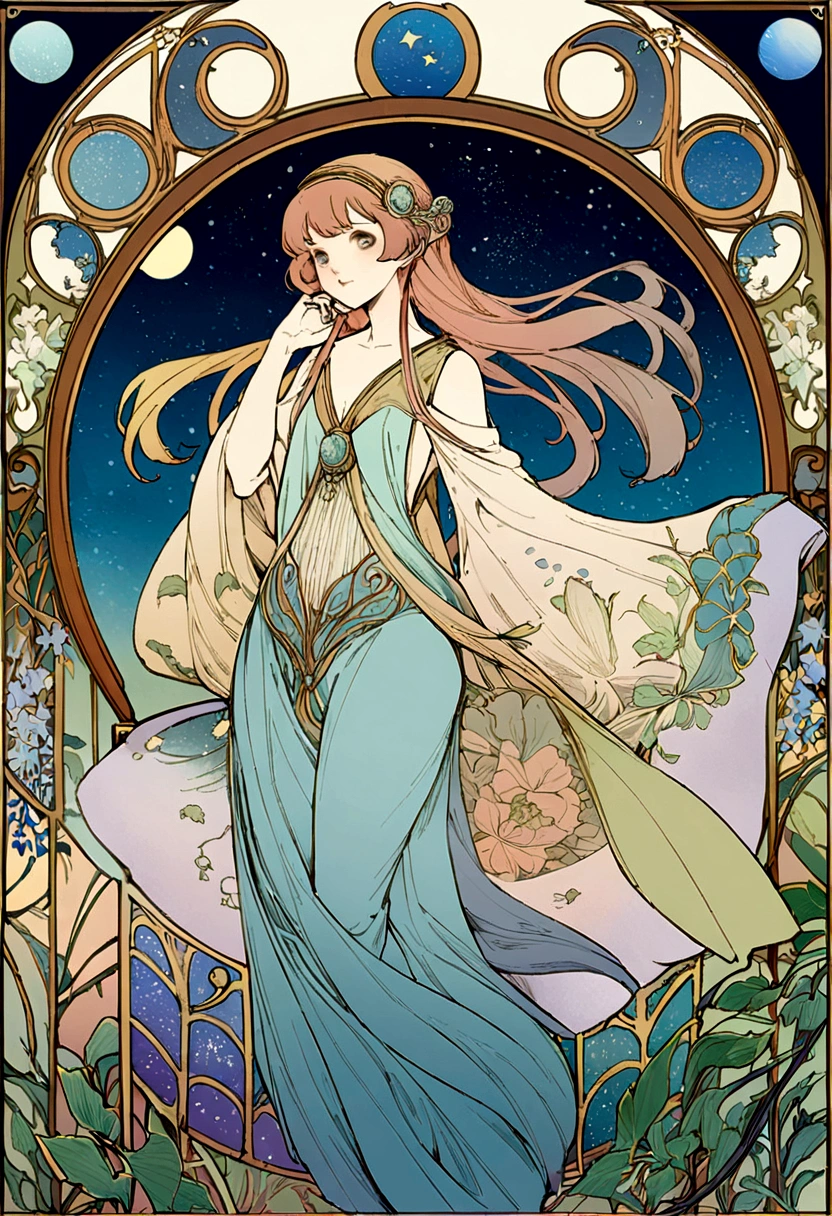 8K.Poster illustration in Alphonse Mucha style, Flat painting, Theme of stars and moon, Zodiac signs,Zodiac signs, Art Nouveau, masutepiece, Alfonse Mucha,Blue clematis、 high details
