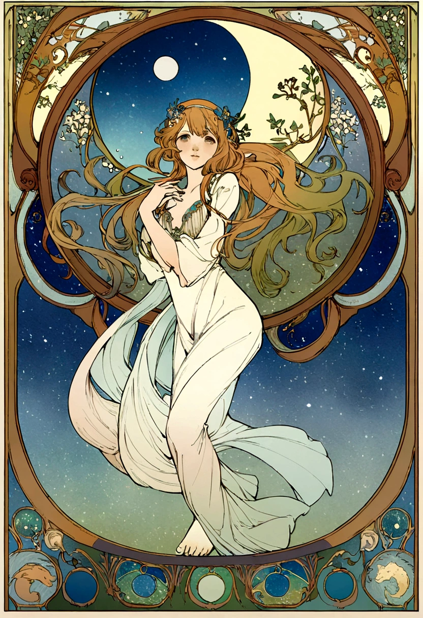 8K.Poster illustration in Alphonse Mucha style, Flat painting, Theme of stars and moon, Zodiac signs,Zodiac signs, Art Nouveau, masutepiece, Alfonse Mucha,Blue clematis、 high details