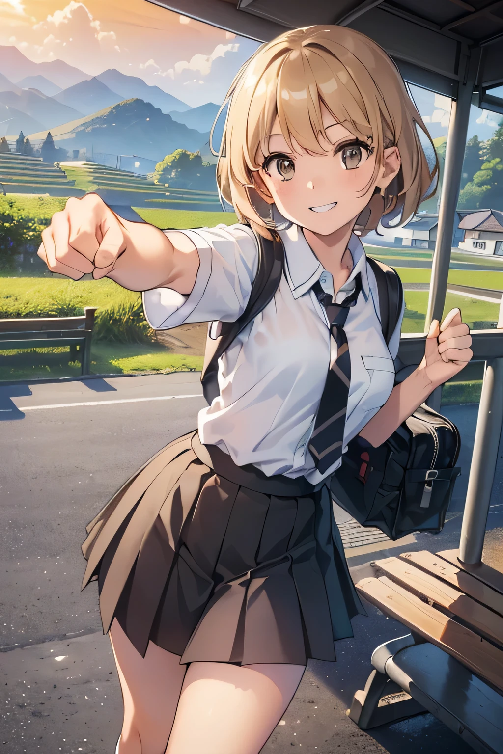 ((Highest quality, 4K, masterpiece: 1.3)), ((High Resolution)),((It's wonderful)),((Japan countryside:1.2)),((Japan countryside:1.2)),((Japan countryside:1.2)),((Japan countryside:1.2)),((Japanese mountain trails and rice terraces:1.2)),((Standing at the bus stop:1.2)),((Standing at the bus stop:1.2)),(Do not split frames),(Do not split),(Do not split),(sunset:1.2),(sunset:1.2),(sunset:1.2),(sunset:1.2),(One woman:1.8),(One woman:1.8),(One woman:1.8),(One woman:1.8),(One woman:1.8),((dutch angle shot:1.2)),((dutch angle shot:1.2)),((medium wide shot:1.2)),((medium wide shot:1.2)),((medium wide shot:1.2)),((upper body shot:1.2)),((upper body shot:1.2)),((upper body shot:1.2)),((upper body shot:1.2)),((shoot from above:1.2)),((shoot from above:1.2)),((school uniform, short sleeve shirt:1.2)),((school uniform, short sleeve shirt:1.2)),((school uniform, short sleeve shirt:1.2)),(tie:1.4),(tie:1.4),(tie:1.4),((Fluttering checkered skirt:1.2)),((Fluttering checkered skirt:1.2)),((Fluttering checkered skirt:1.2)),((Black ankle socks:1.3)),((Black ankle socks:1.3)),((Black ankle socks:1.3)),((Trekking shoes:1.2)),(School Bags),(School Bags),(School Bags),(School Bags),((Stand with your feet shoulder-width apart and your knees slightly bent:1.2)),((Stand with your feet shoulder-width apart and your knees slightly bent:1.2)),((Stand with your feet shoulder-width apart and your knees slightly bent:1.2)),((Stand with your feet shoulder-width apart and your knees slightly bent:1.2)),((Stand with your feet shoulder-width apart and your knees slightly bent:1.2)),((face focus:1.4)),((face focus:1.4)),((face focus:1.4)),((face focus:1.4)),((model posing:1.2)),((model posing:1.2)),((model posing:1.2)),((model posing:1.2)),((model posing:1.2)),((model posing:1.2)),(A cool expression in the wind:1.2),(A cool expression in the wind:1.2),(A cool expression in the wind:1.2),((A big smile:1.2)),((A big smile:1.2)),((fist bump:1.4)),((fist bump:1.4)),((fist bump:1.4)),(shoot from side),((Light brown eyes:1.2)),((Light brown eyes:1.2)),((Beautiful highlighted eyes)),((Light brown eyes:1.2)),((Light brown eyes:1.2)),((Beautiful highlighted eyes)),((Light brown eyes:1.2)),((Beautiful highlighted eyes)),((Light brown eyes:1.2)),((Shiny black hair:1.4)),((Shiny black hair:1.4)),((Shiny black hair:1.4)),((Fluffy short bob:1.2)),((Fluffy short bob:1.2)),((Fluffy short bob:1.2)),((Fluffy short bob:1.2)),((Parted bangs)),((Parted bangs)),(Beautiful breasts),Japanese women, 14 years old gravure photo, High Contrast, Aperture F3.2, Focal length 100mm, (((peace sign))),wakame, wakame, wakame, wakame, wakame, wakame, wakame, wakame, wakame, wakame, wakame, wakame, wakame, wakame, wakame, wakame, wakame, wakame, wakame, wakame, wakame, wakame, wakame, wakame, wakame 
