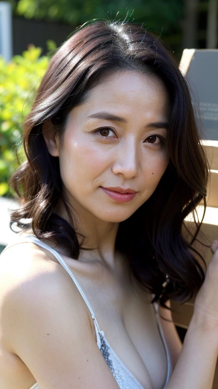 ((Best Quality, 8k, Masterpiece: 1.3)), Photorealistic, Sharp Focus, High Quality, High Definition, Portrait, Solo, Japan, Middle Aged Woman nude, Beauty, 43 years old, Plump, Wavy Hair, Wrinkles at the corners of the eyes:0.5, Narrow backyard, Lots of boxes, Lots of files, Dark background