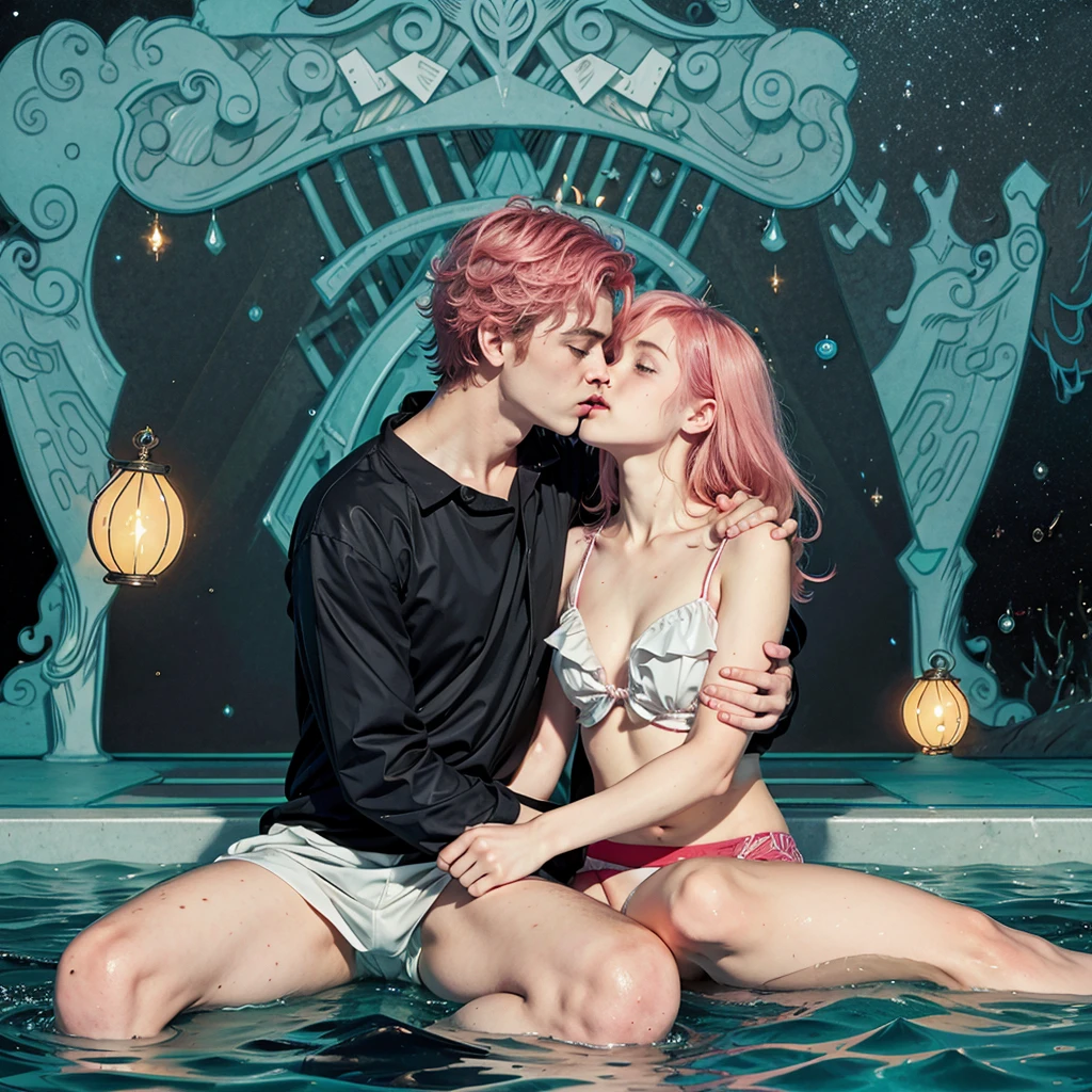 A boy who was in the pool, is being teased by 7 super beautiful girls, one of them kisses him on the mouth while the others kiss his neck and he is blushing with a red face, and a girl with pink hair is on his shoulder, and his head is between her legs, She looks at him with a malicious and wicked look, while a naked girl tries to jump him. And the senario is a pool on the beach at night with a nocturnal glow