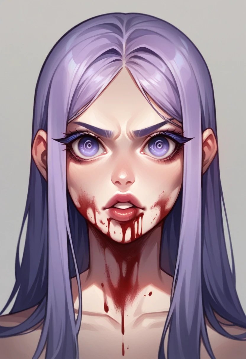 Women, gorgeous, Ultra detailed face, ultra detailed hair, long eyelashes, ultra long hair, bright Eyes, bright lips, the mouth is a little open, portrait, closed, looking at the viewer, lilac hair, gore scene, they have blood on their face, a girl is shy and.another angry