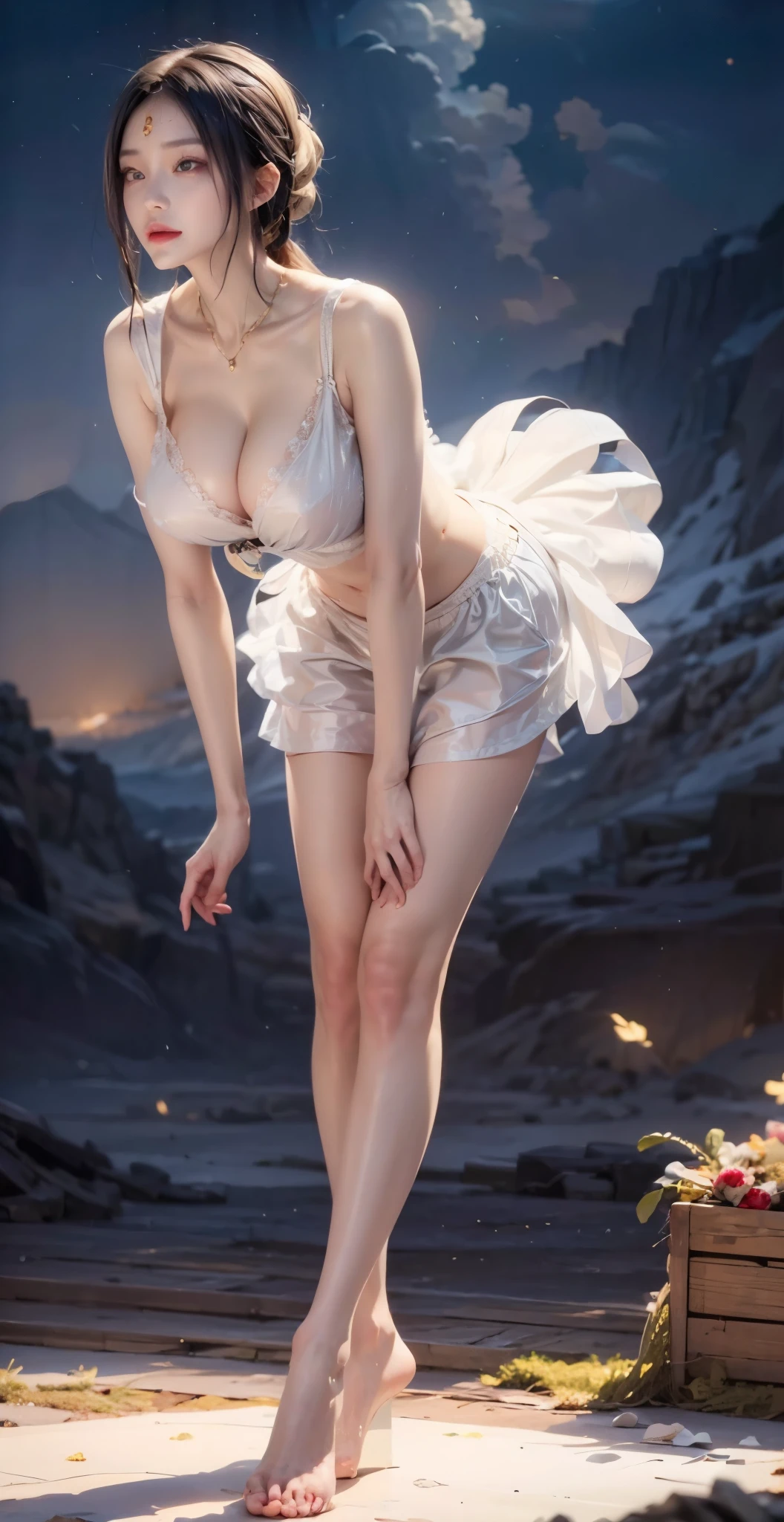 realistic, 1 women, best quality, 12k, HD, long hair, big round breasts, cleavage, ponytail, necklace, jewelry, shorts, short jacket, slim hips, hair tie, yellow eyes, black hair, super detailed, Eye details, hair details, person details, mouth details, face details, breast details, clothes details, hair details, pants details, hand details, whole body